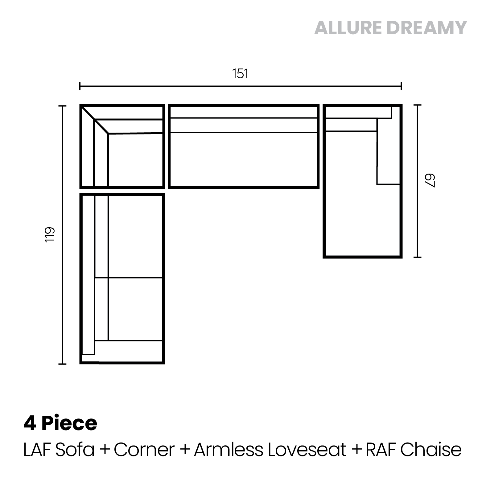 Allure Dreamy 4 piece (LAF sofa, corner, armless loveseat, RAF chaise)