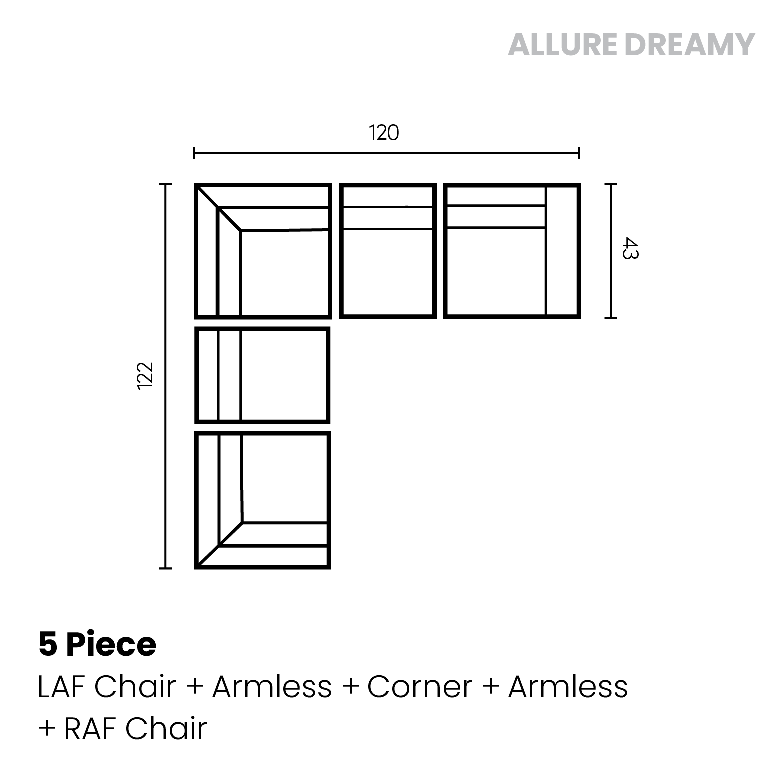Allure Dreamy 5 piece (LAF chair, armless chair, corner, armless chair, RAF chair)