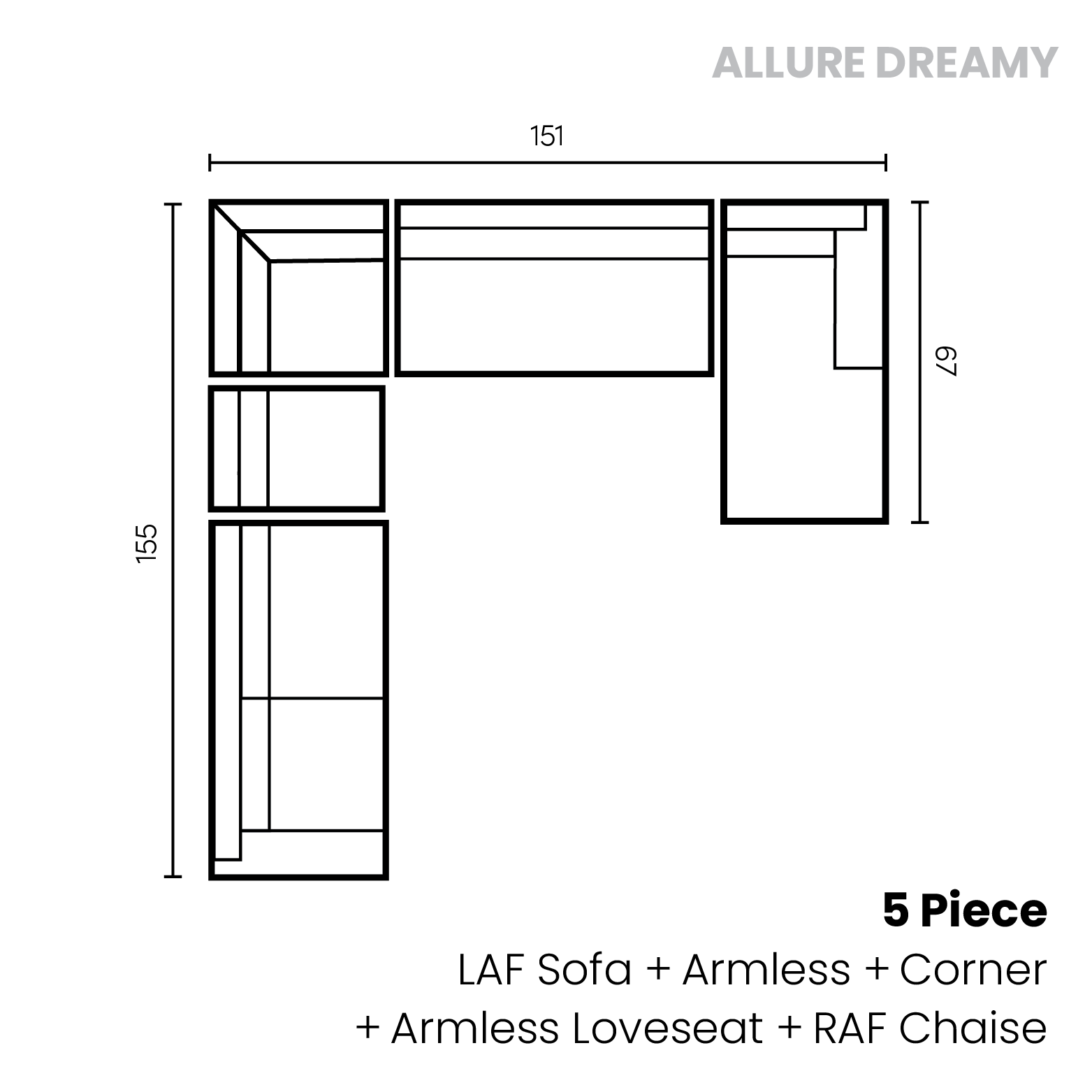 Allure Dreamy 5 piece (LAF sofa, armless chair, corner, armless loveseat, RAF chaise)