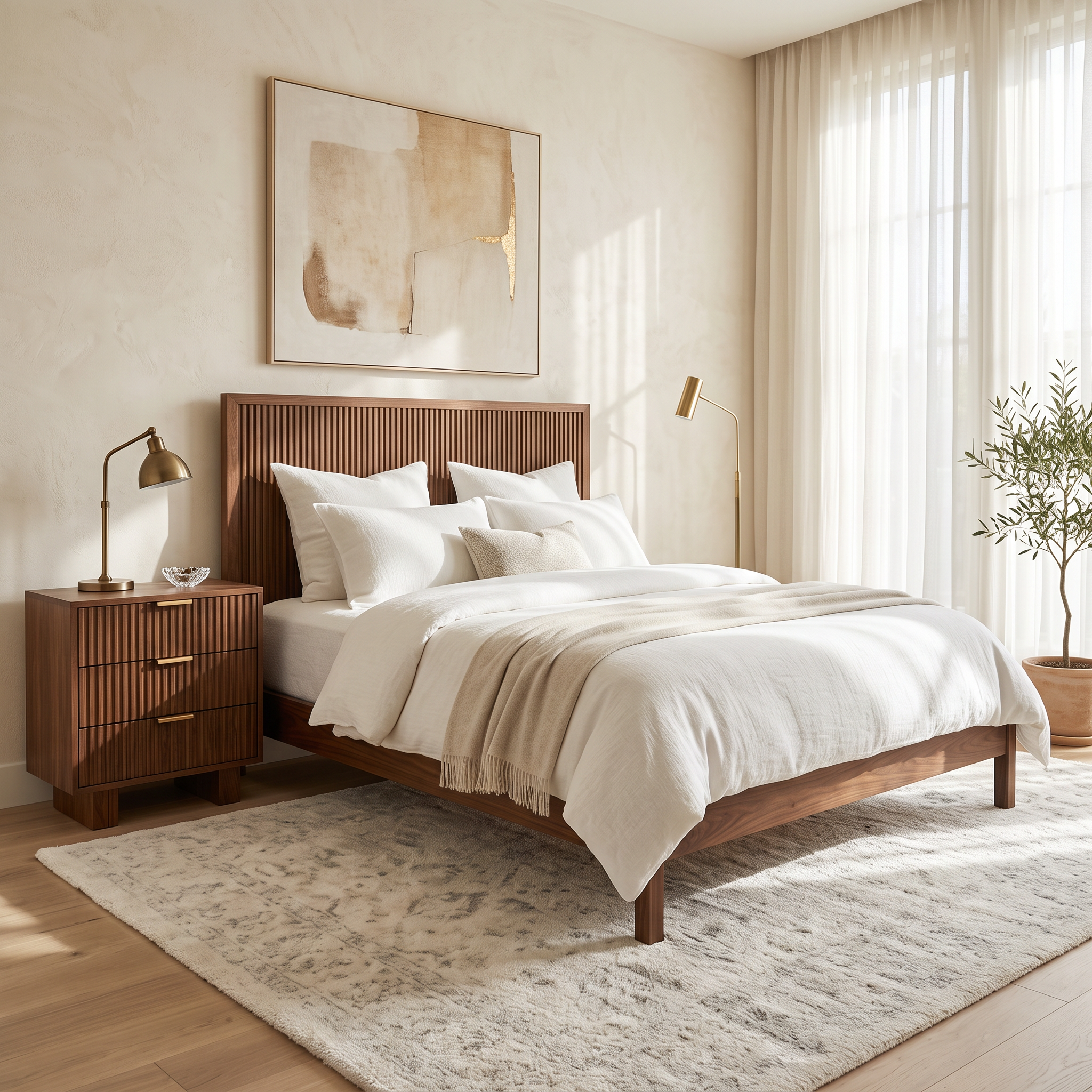 Mocha nightstand in solid mango wood with three fluted drawers, gold bar pulls, and two solid block feet, bedroom