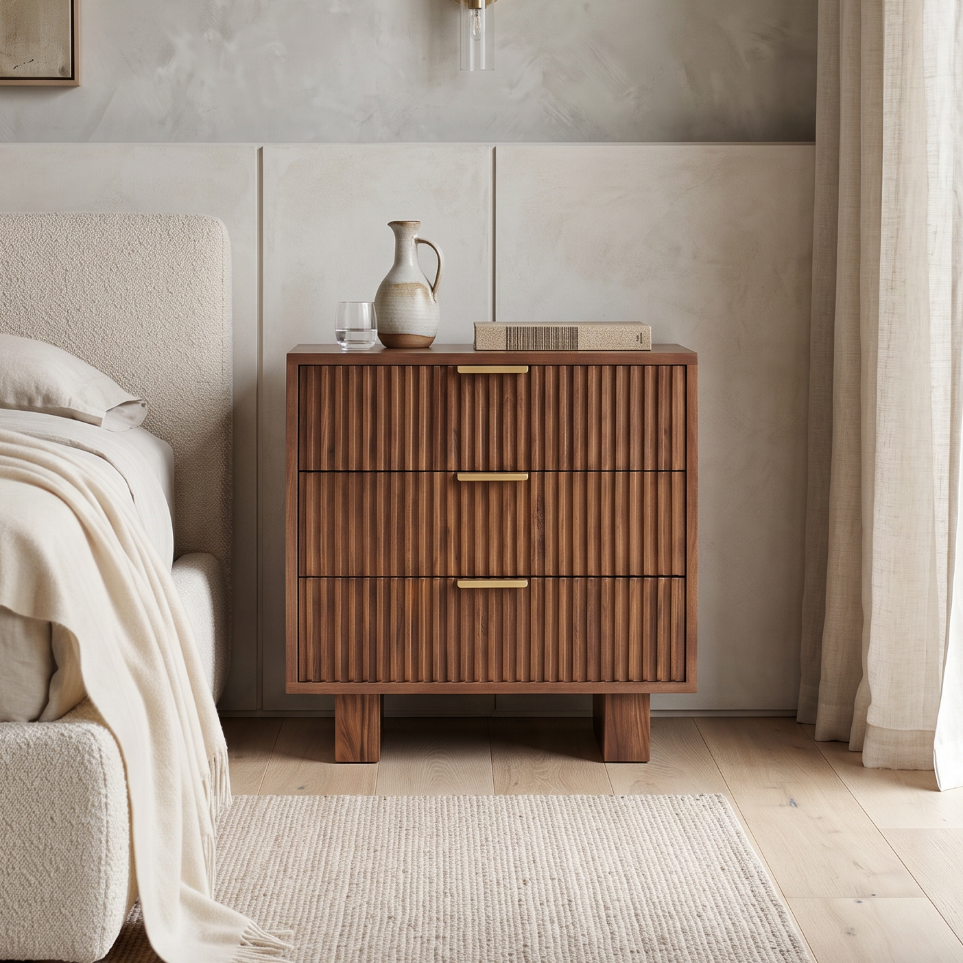 Mocha nightstand in solid mango wood with three fluted drawers, gold bar pulls, and two solid block feet, bedroom