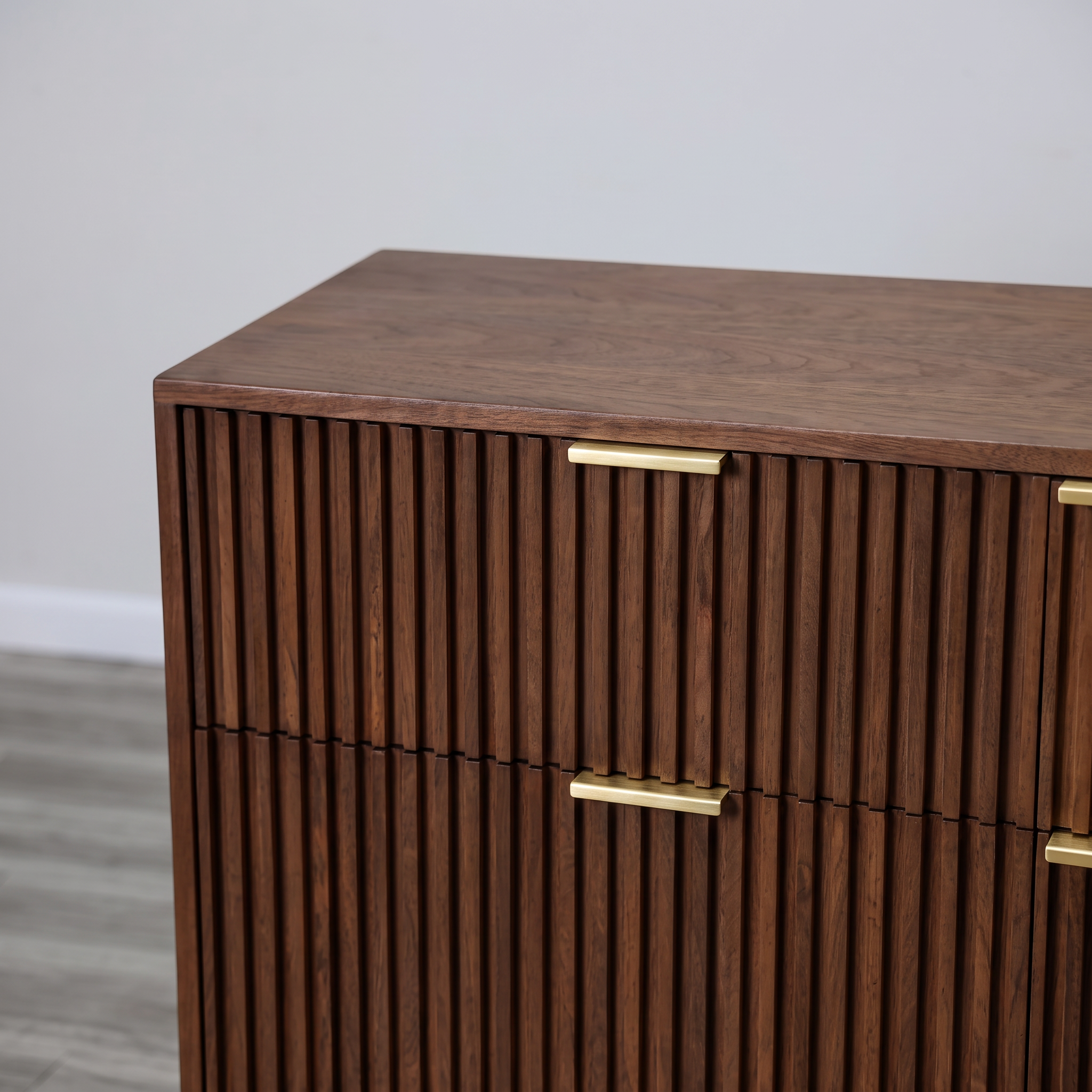 Mocha dresser in solid mango wood with six fluted drawer fronts, gold bar pulls, and two solid block feet, bedroom