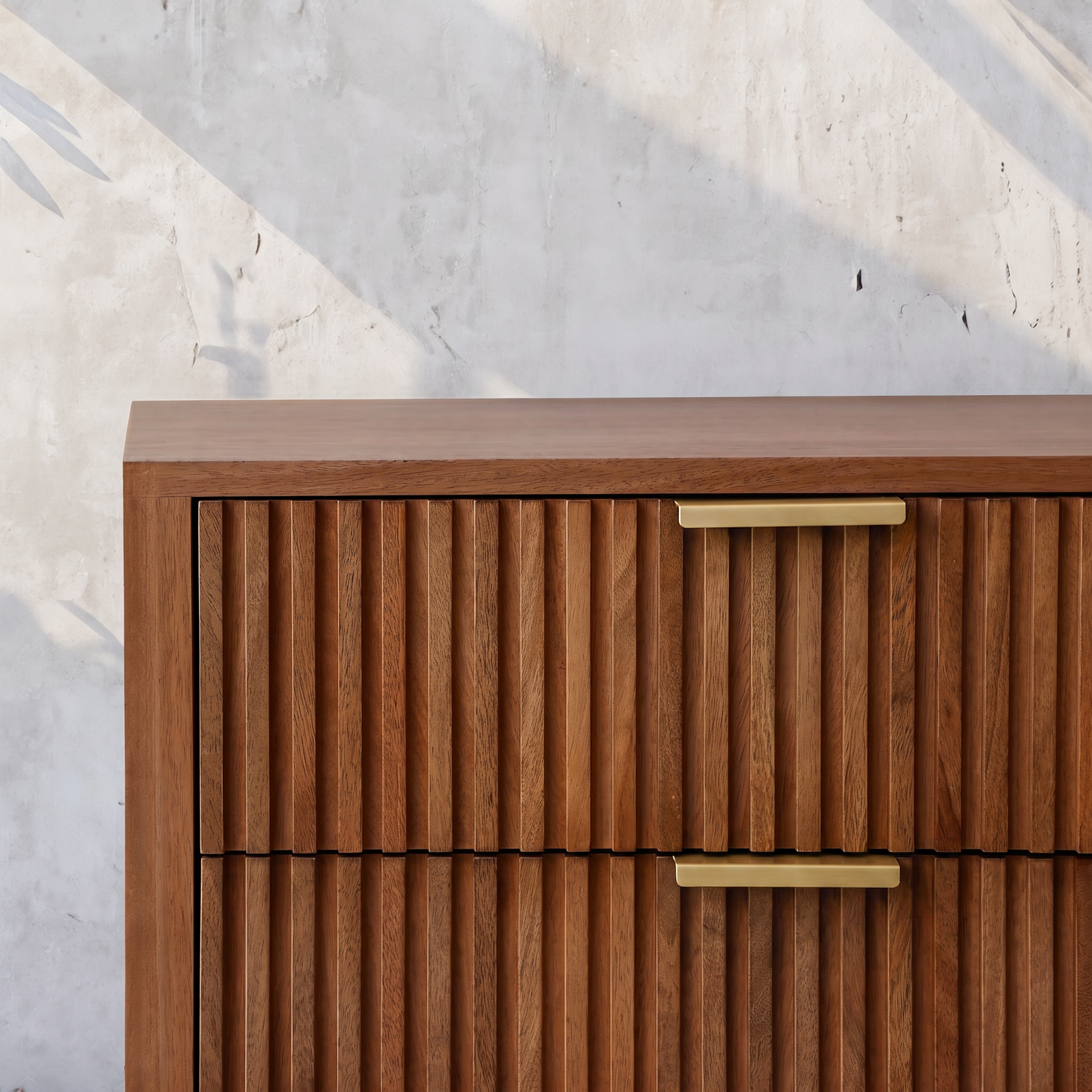 Mocha nightstand in solid mango wood with three fluted drawers, gold bar pulls, and two solid block feet, bedroom