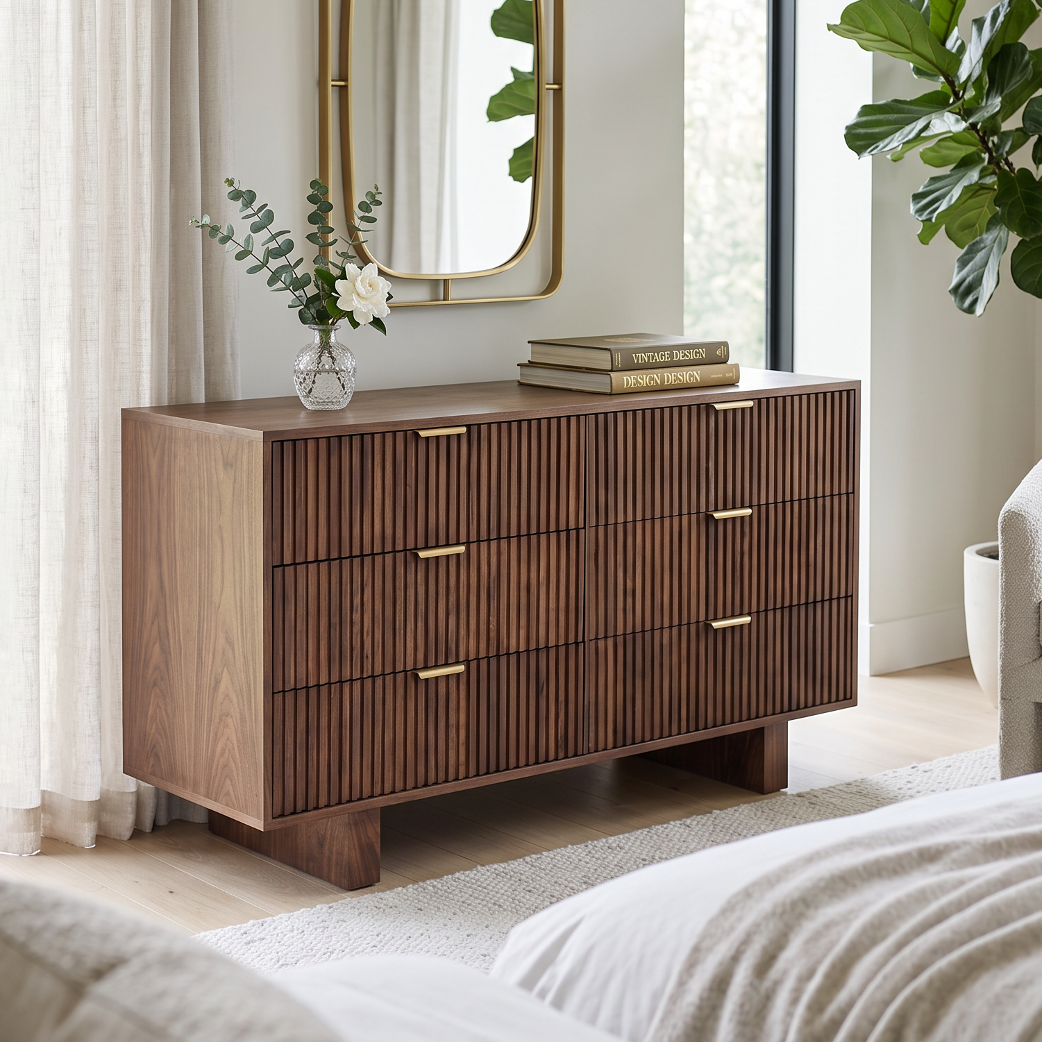 Mocha dresser in solid mango wood with six fluted drawer fronts, gold bar pulls, and two solid block feet, bedroom