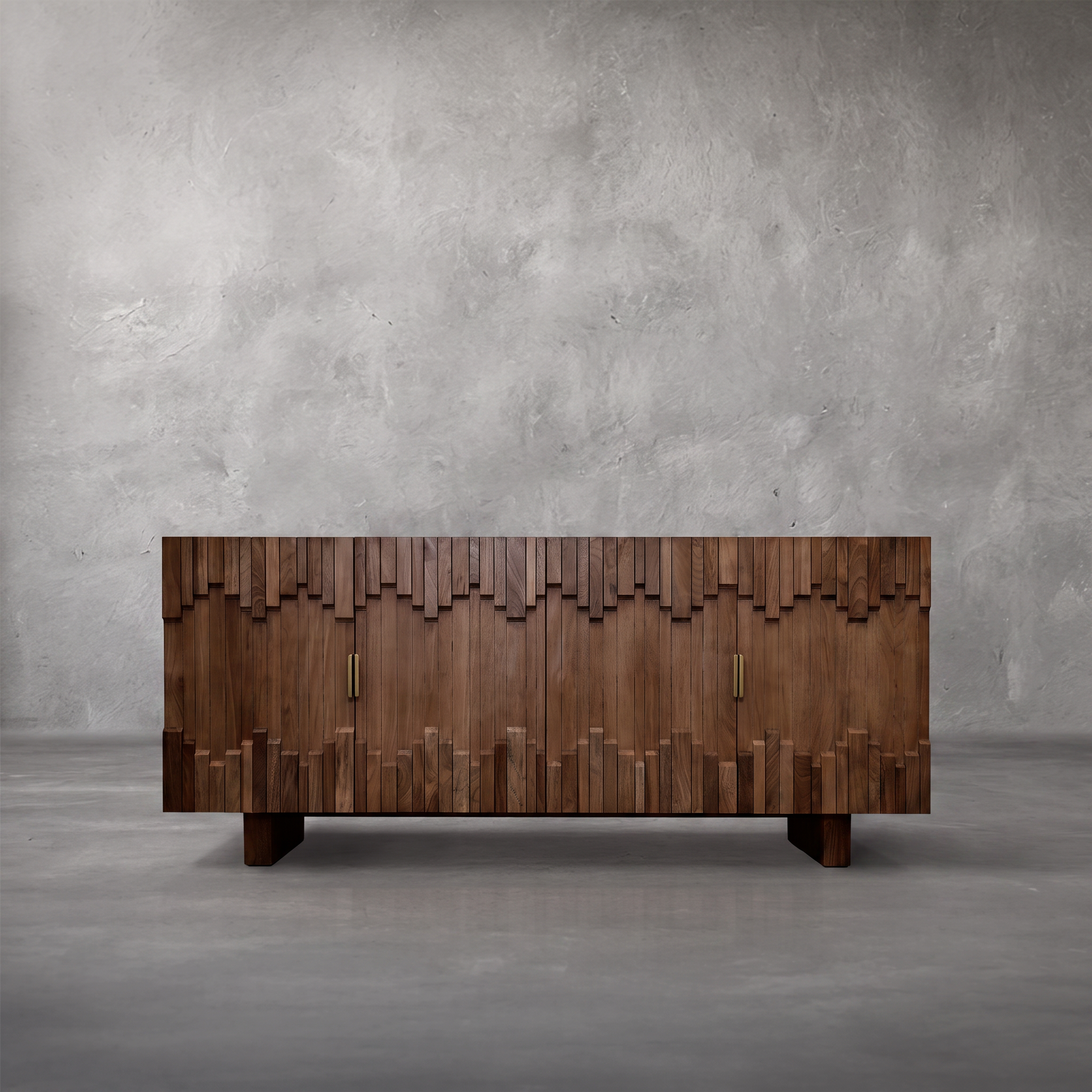 Mary credenza in solid mango wood with a sculptural block-relief front, gold bar pulls, and block feet, living room