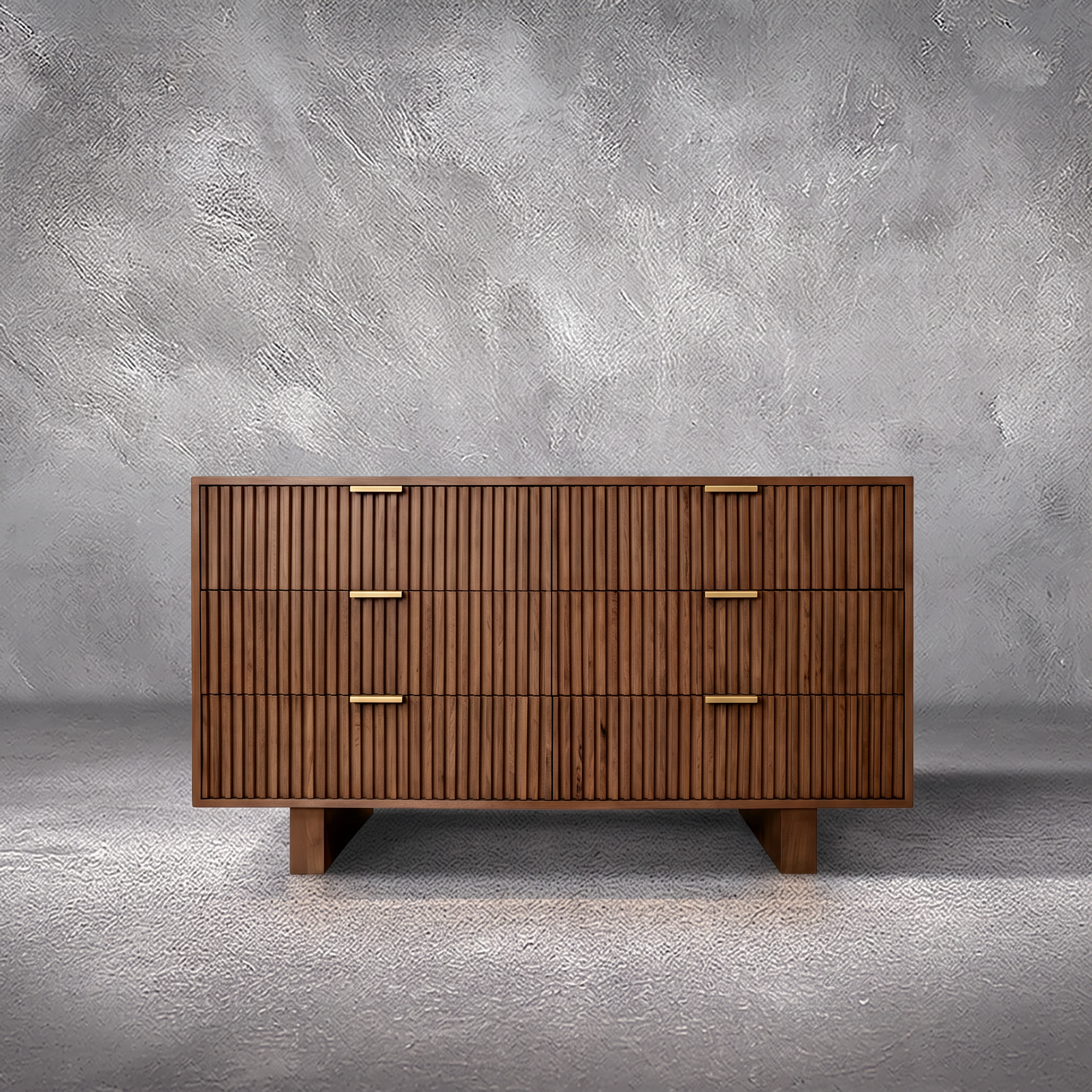 Mocha dresser in solid mango wood with six fluted drawer fronts, gold bar pulls, and two solid block feet, bedroom