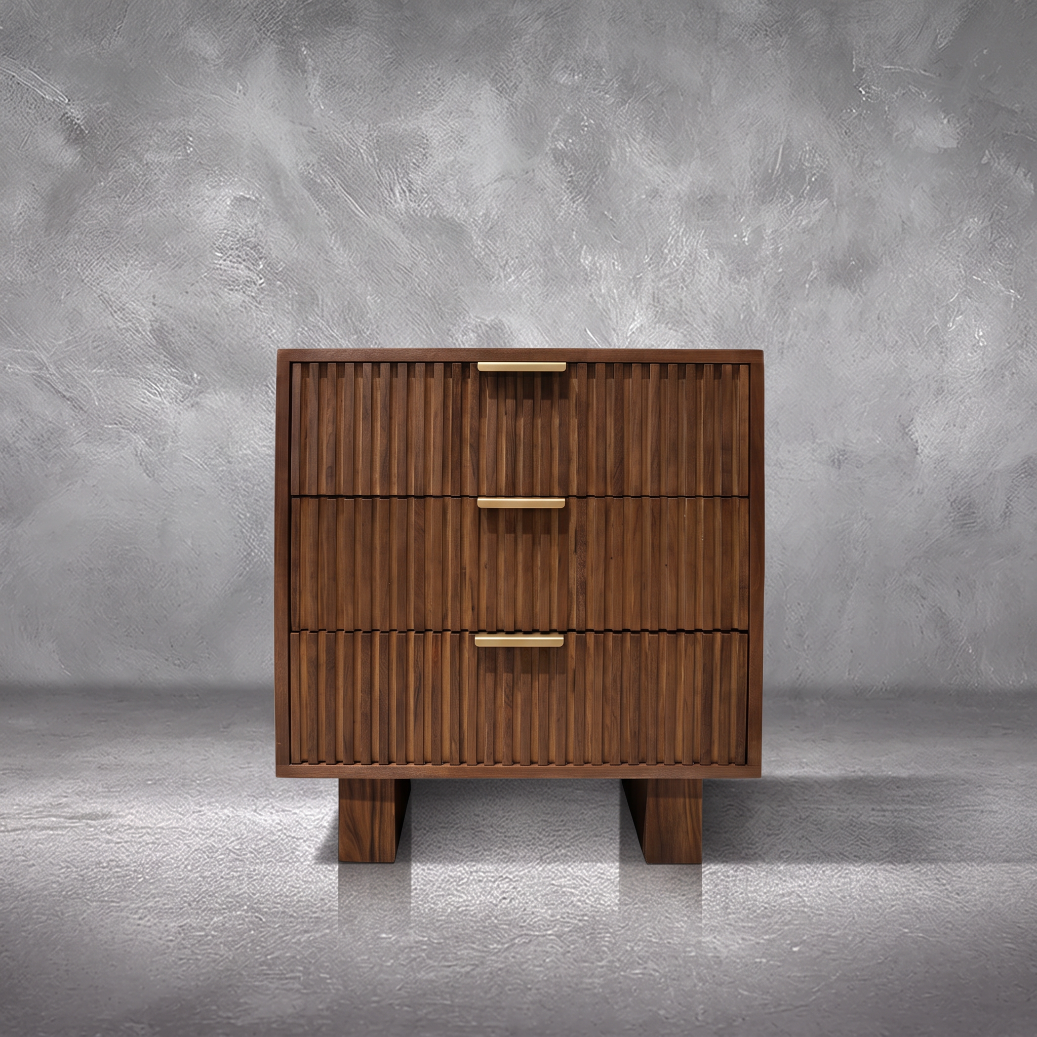 Mocha nightstand in solid mango wood with three fluted drawers, gold bar pulls, and two solid block feet, bedroom