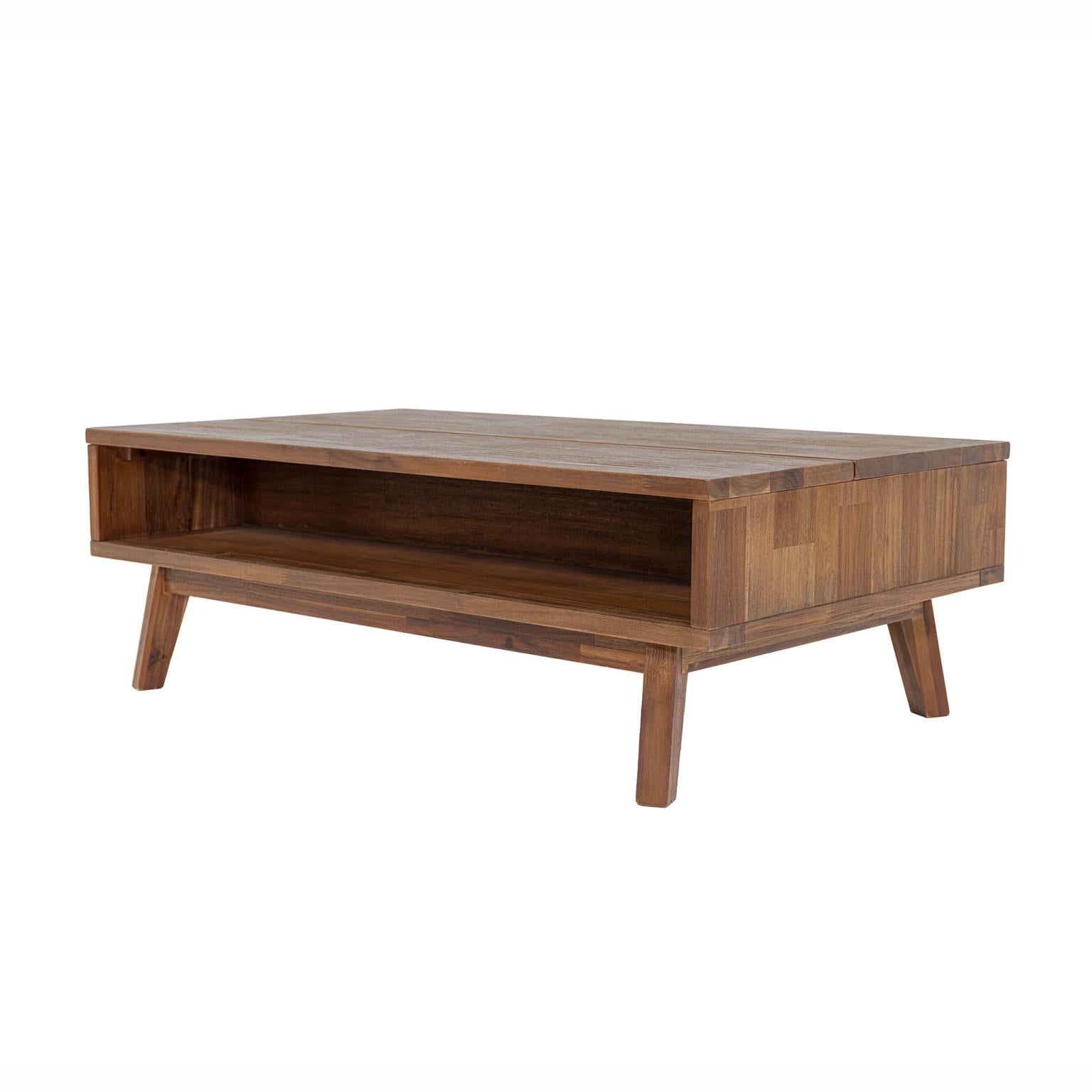 Brad lift-top coffee table in dark acacia wood with an open cubby shelf and splayed tapered legs, living room
