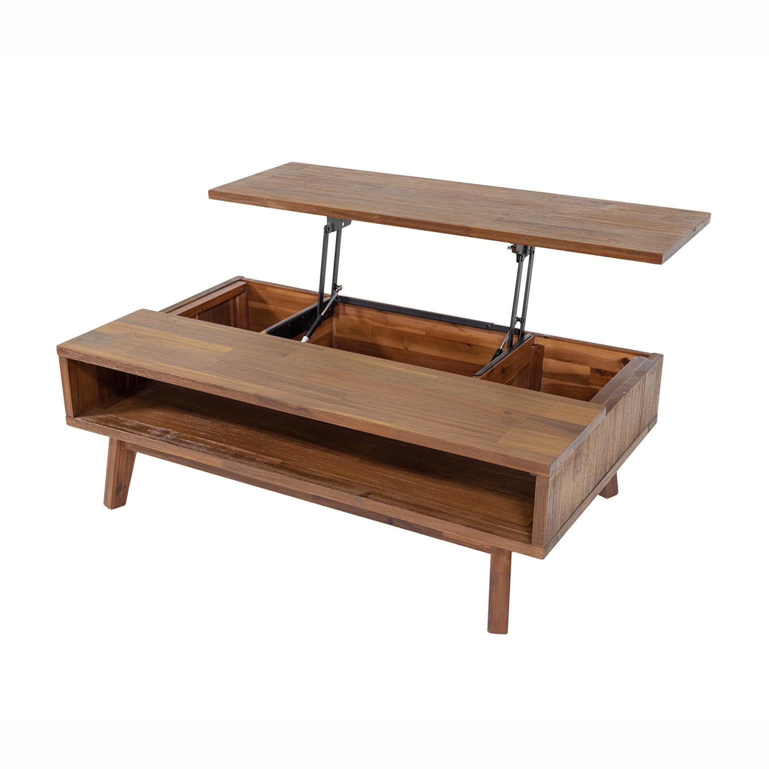 Reunion Lift Top Coffee Table, view of the rectangular acacia wood frame and open cubby storage