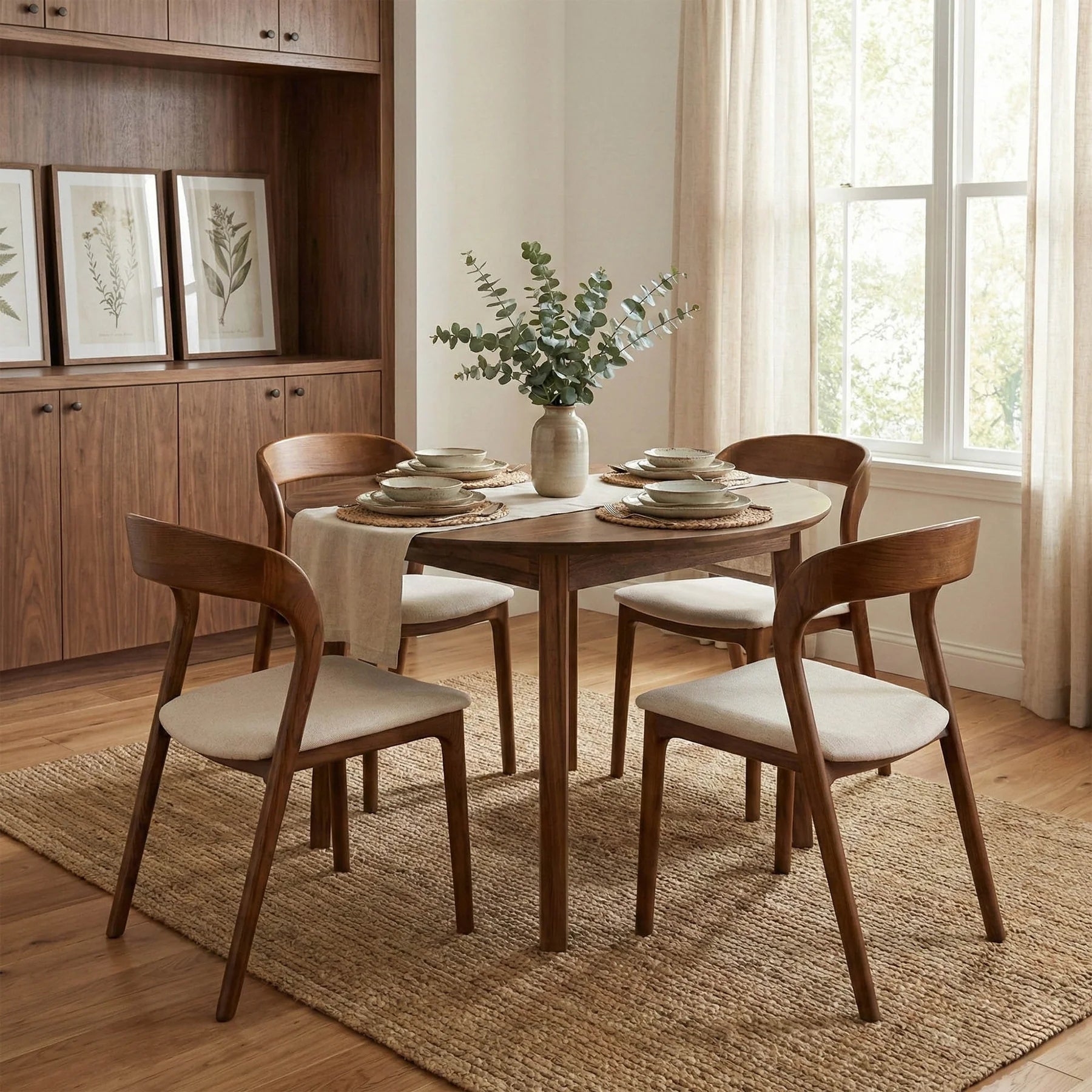 Brad round dining table in warm acacia wood with a round top and tapered legs, dining room