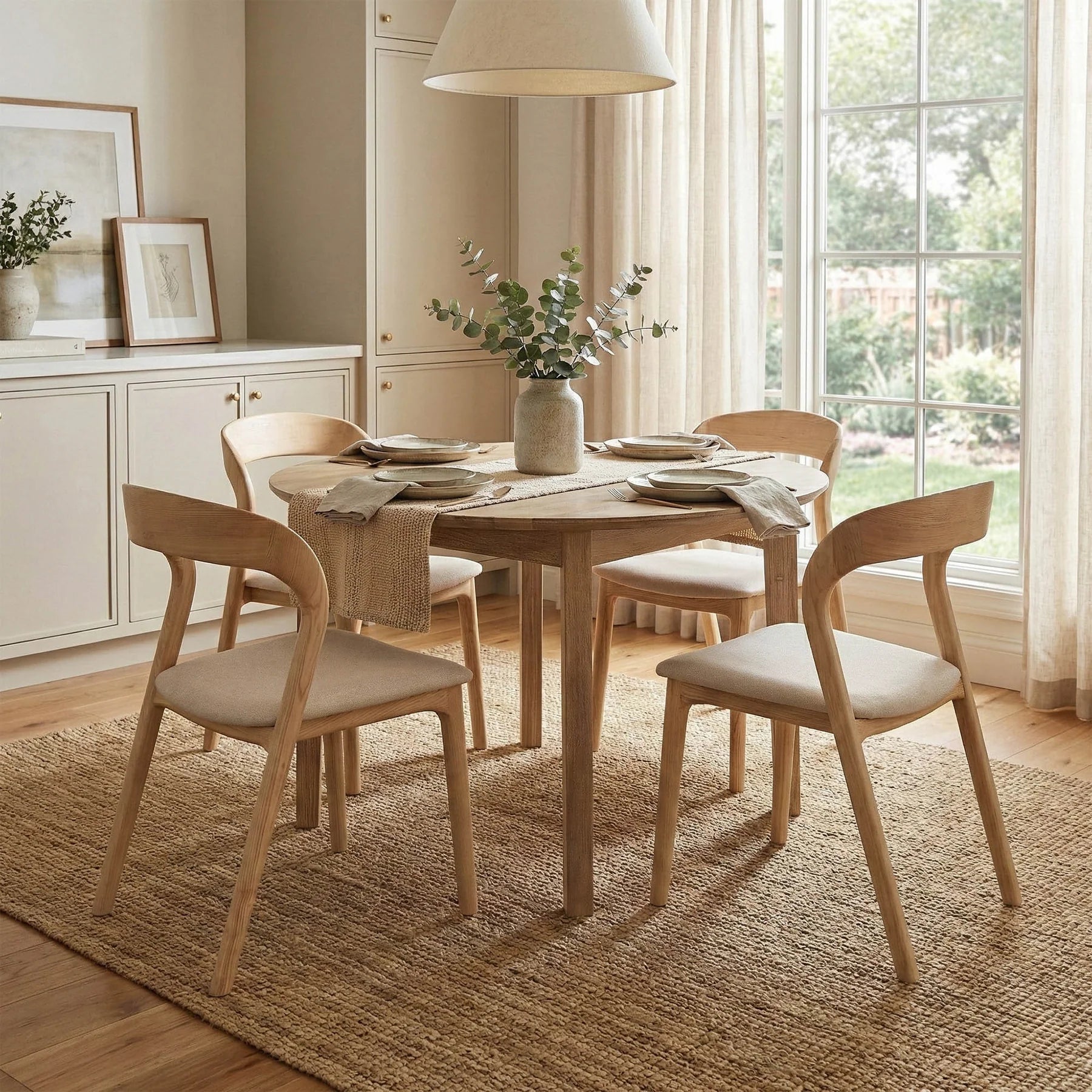 Reunion round dining table in light acacia wood with a round top and tapered legs, dining room