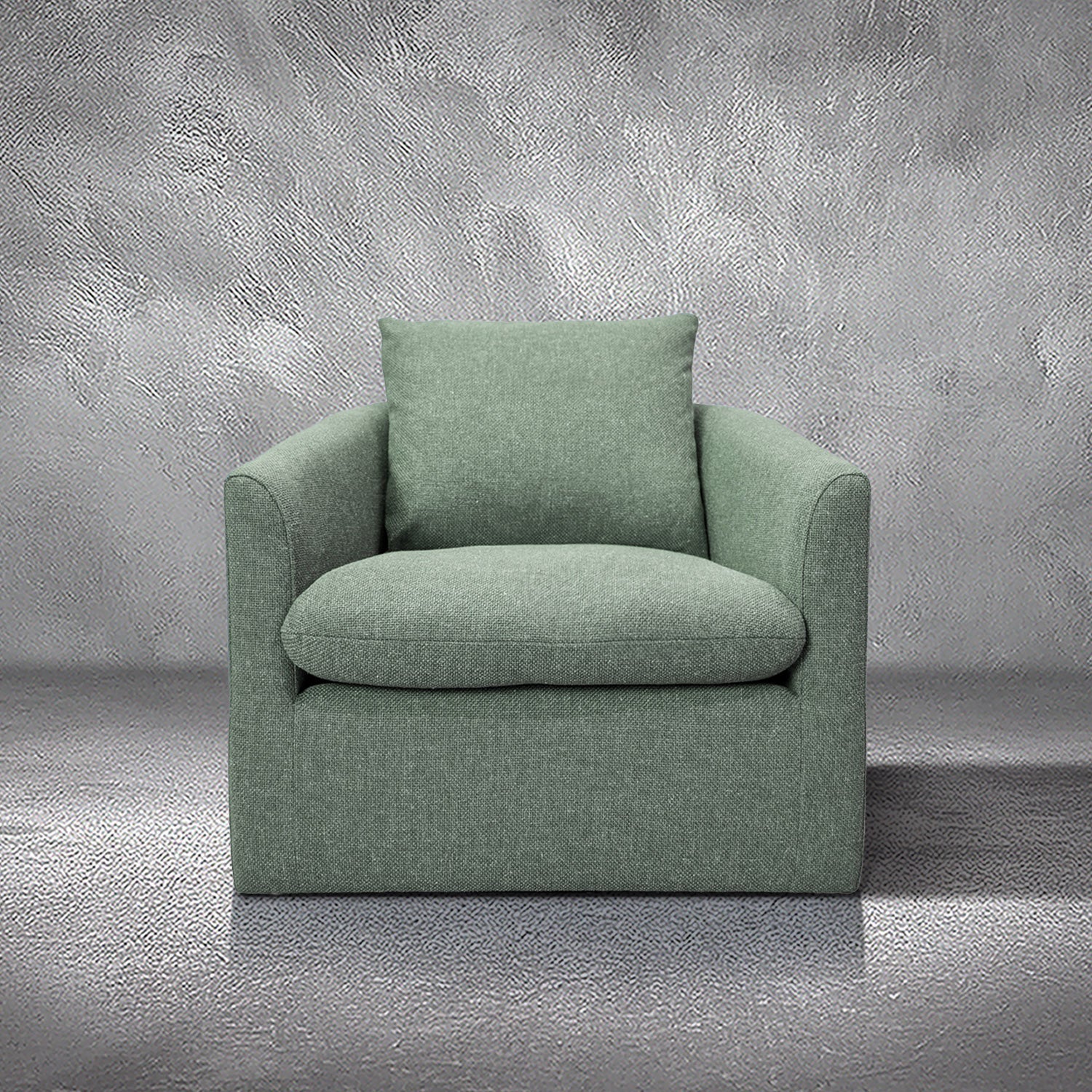 Halle green performance fabric swivel accent chair with a barrel silhouette, loose back pillow, and black swivel base