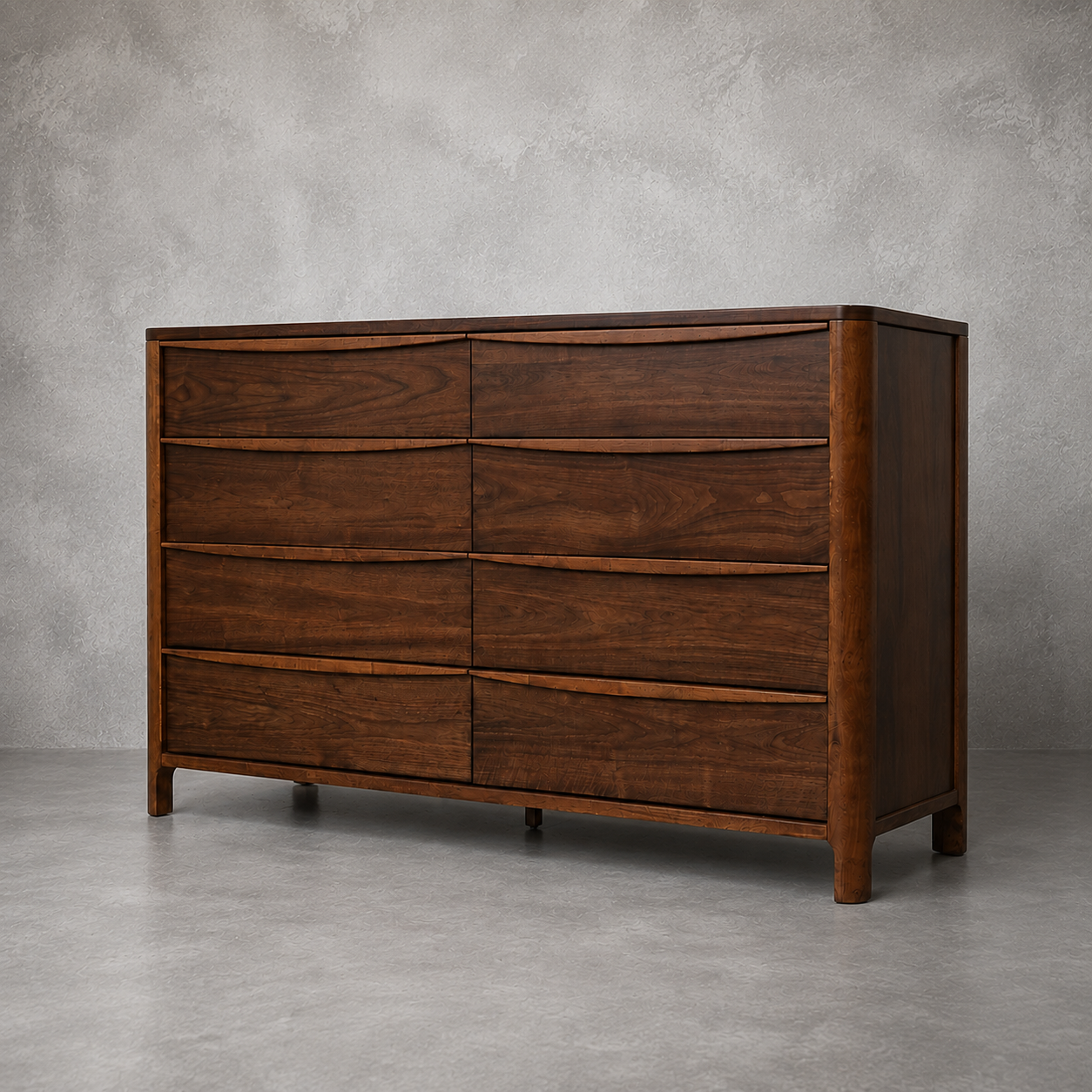 A mid-century modern wooden dresser with six drawers, featuring a rich dark brown wood grain and curved drawer fronts, set against a textured gray concrete wall and floor.