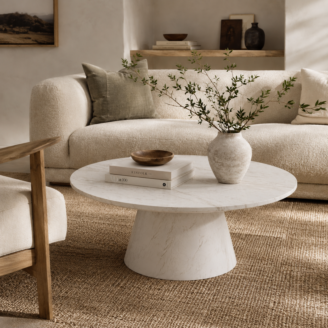 A round white faux marble coffee table with a tapered pedestal base in a styled living room setting, featuring a textured ceramic vase with greenery, books, and a small bowl on top.