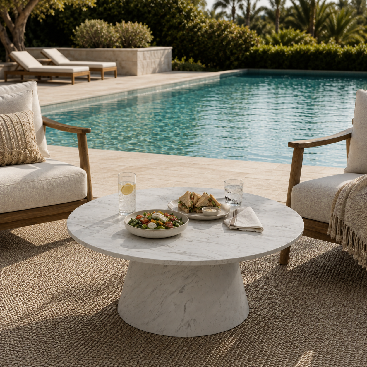 A round white faux marble coffee table with a carved pedestal base, styled in an outdoor patio setting next to a swimming pool with wooden armchairs and dining plates.