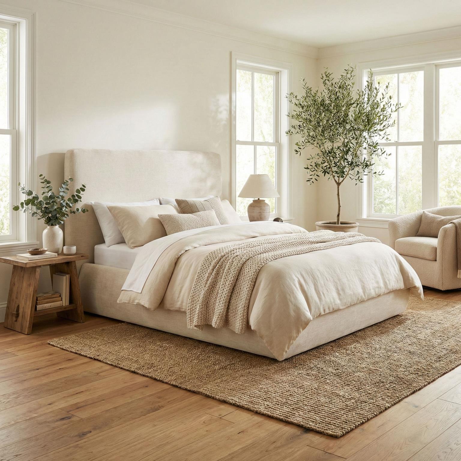 Bain Bed in king size, upholstered in warm beige performance fabric with a rounded headboard and curved base