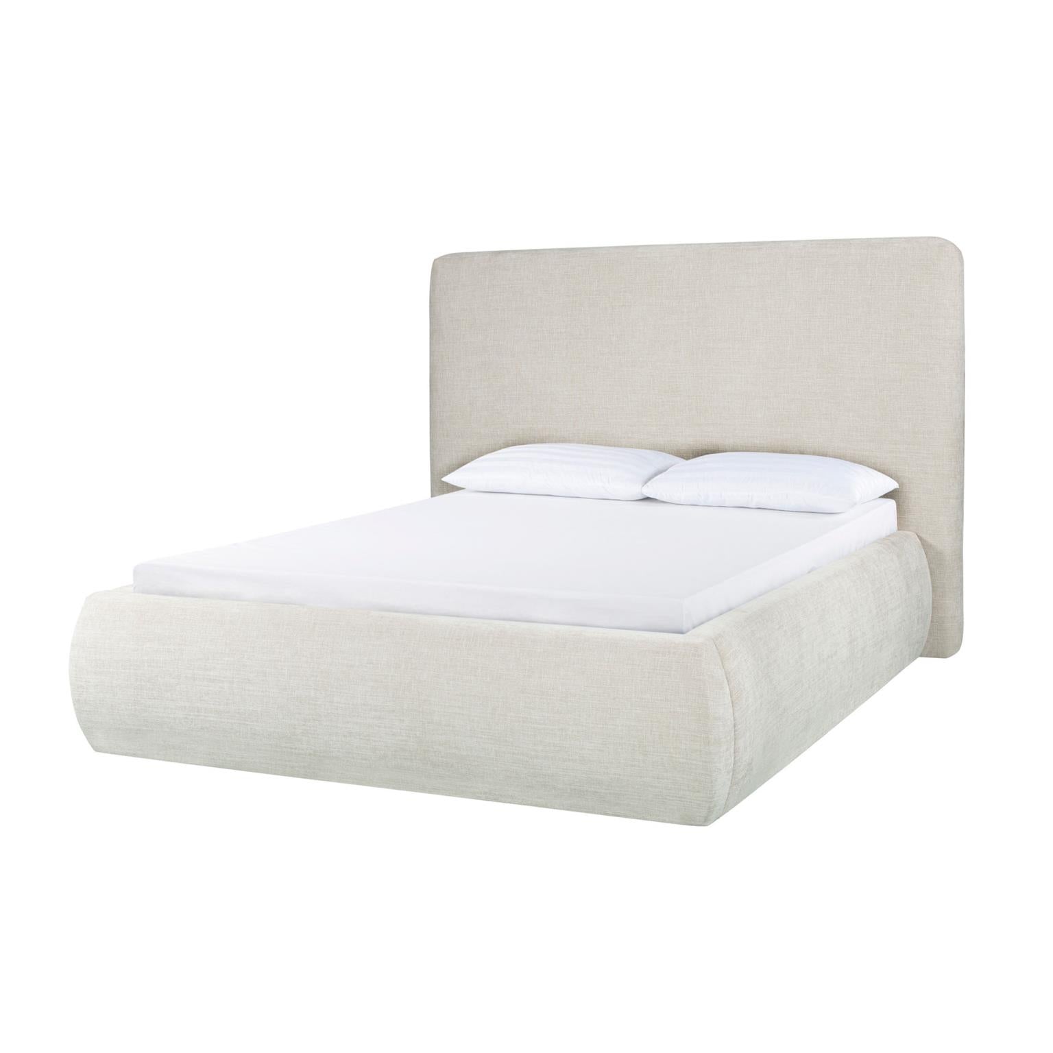 Bain Bed in queen size, showing the soft woven texture of its beige performance-fabric upholstery