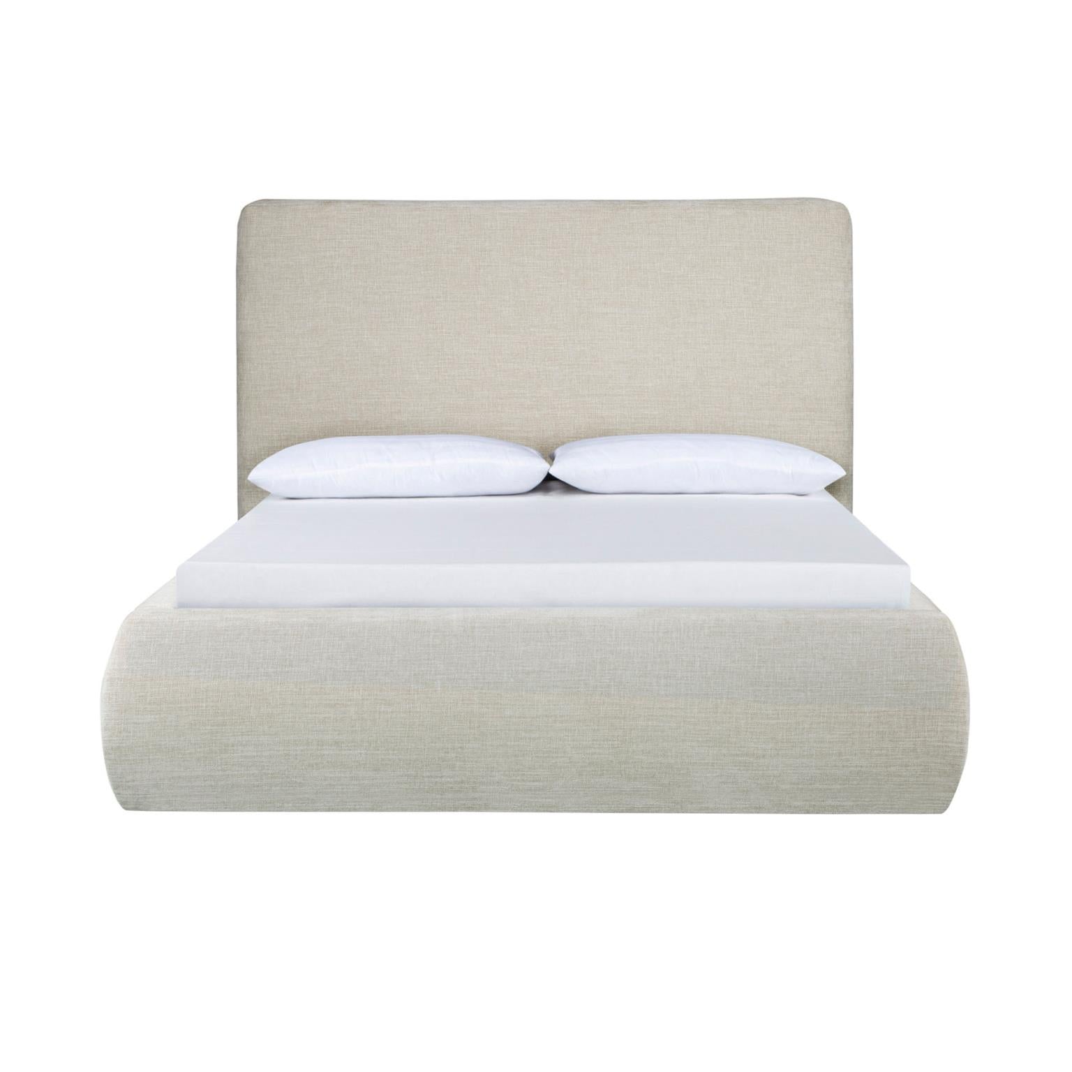 Bain Bed in queen size, highlighting its low profile and gently curved upholstered base