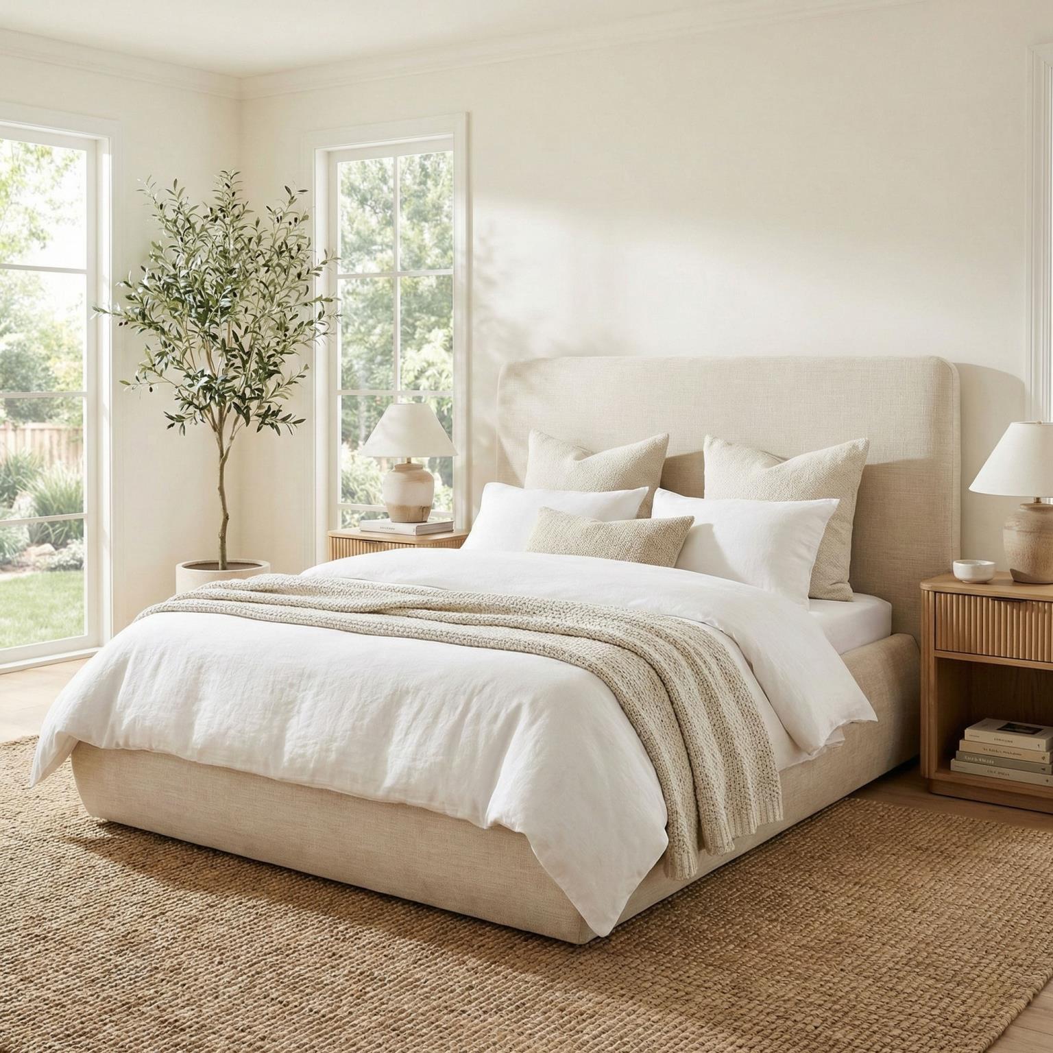 Bain Bed in queen size, upholstered in warm beige performance fabric with a rounded headboard and curved base