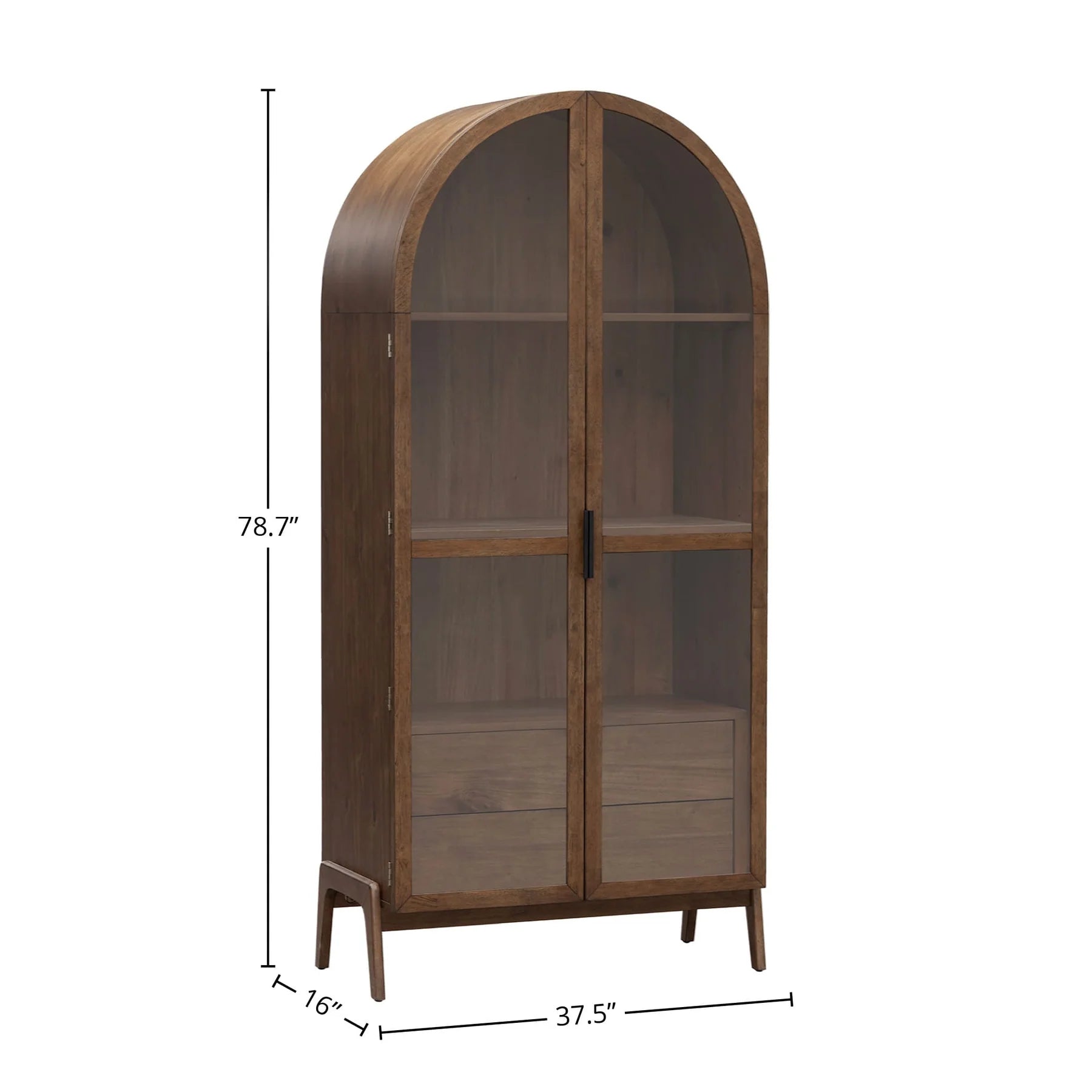 Sterling arched display cabinet in acacia wood with tempered glass doors, adjustable shelves, and two drawers, living room