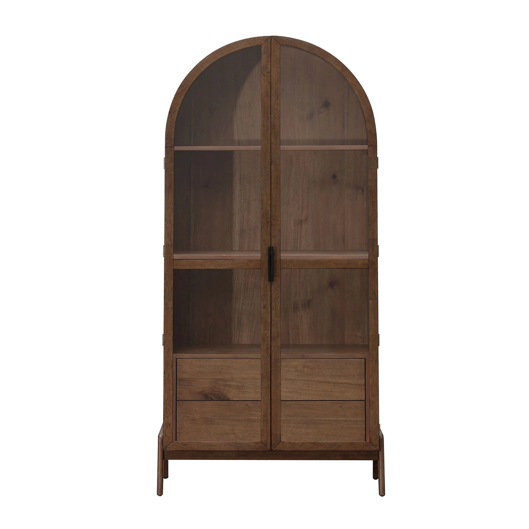Sterling arched display cabinet in acacia wood with tempered glass doors, adjustable shelves, and two drawers, living room
