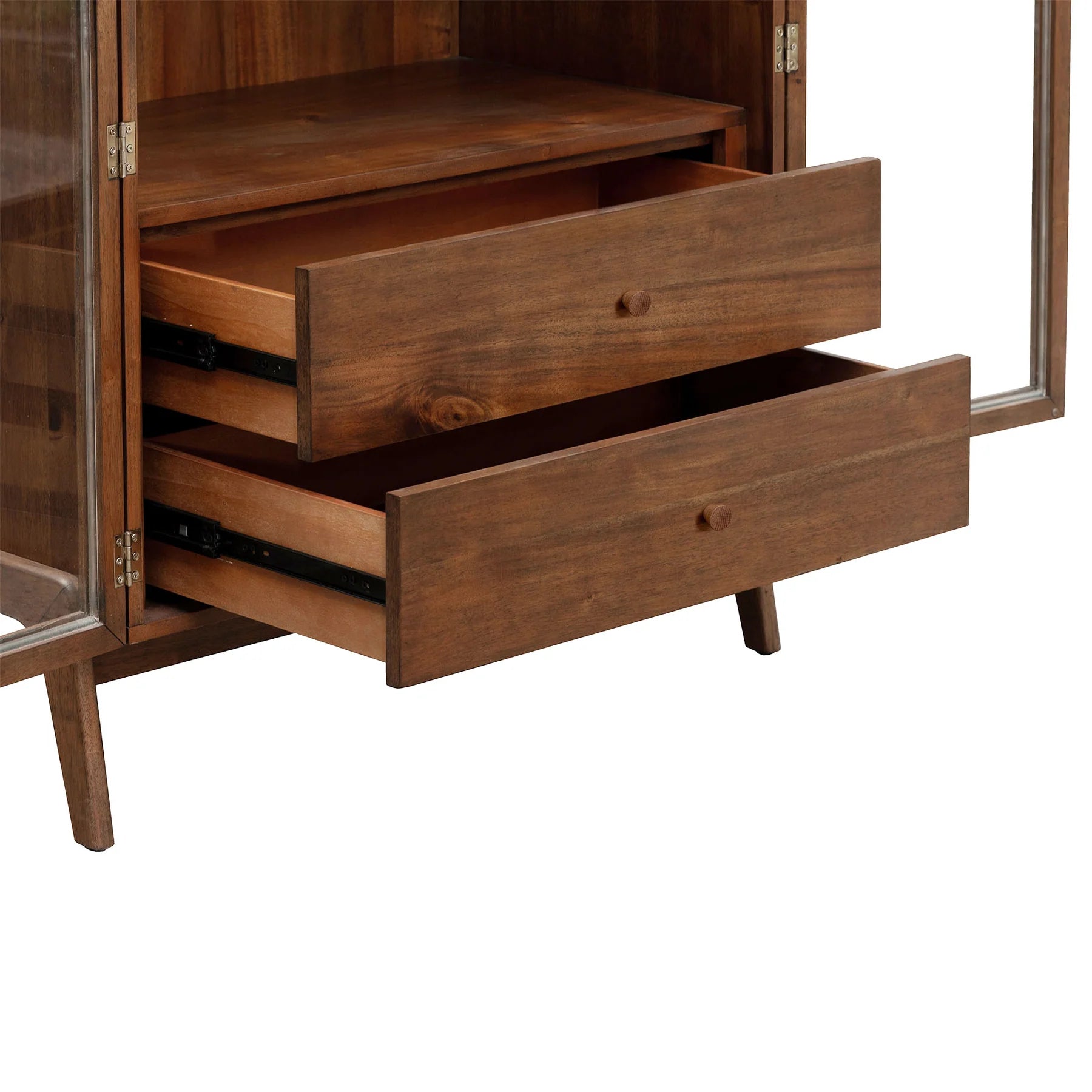 Sterling arched display cabinet in acacia wood with tempered glass doors, adjustable shelves, and two drawers, living room