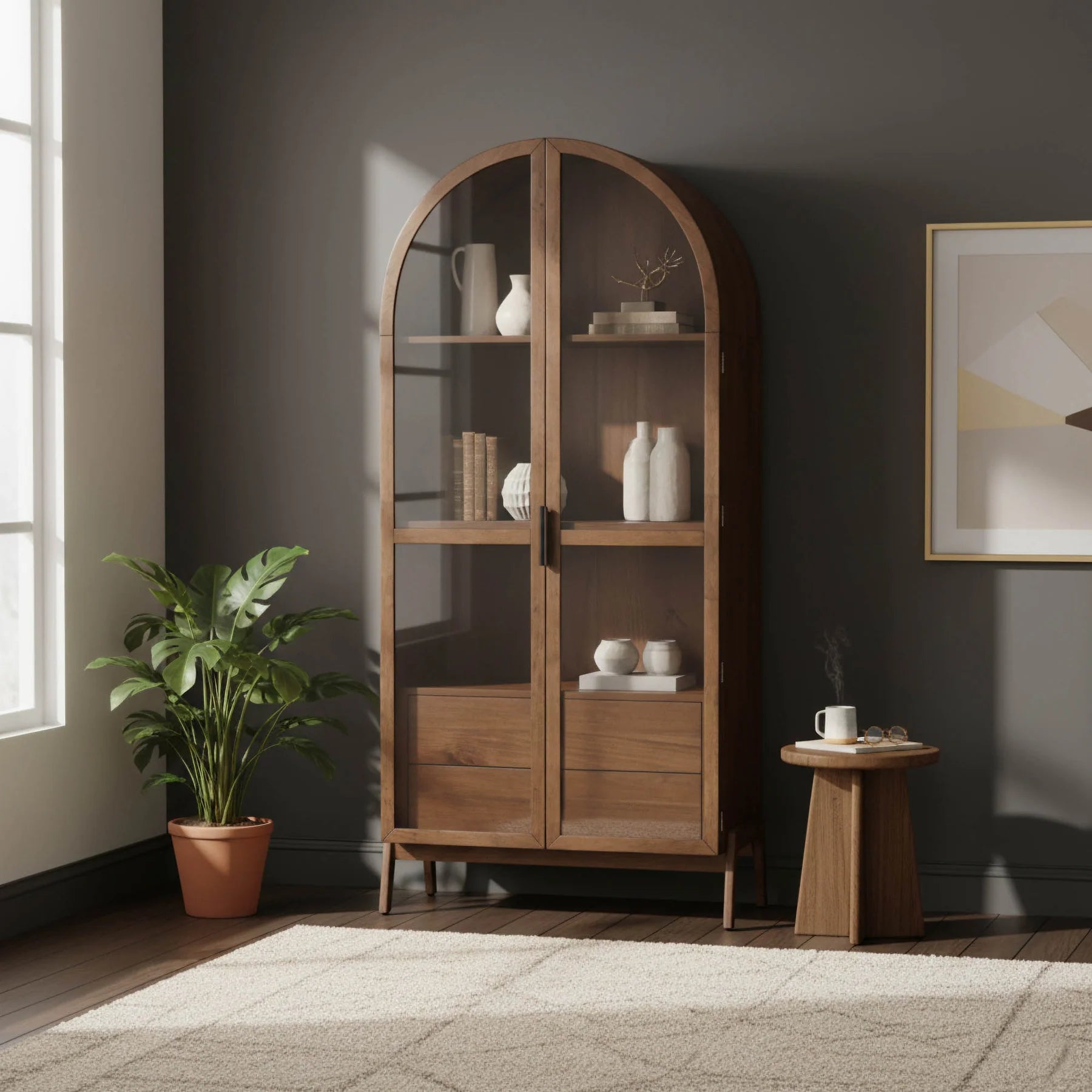 Sterling arched display cabinet in acacia wood with tempered glass doors, adjustable shelves, and two drawers, living room