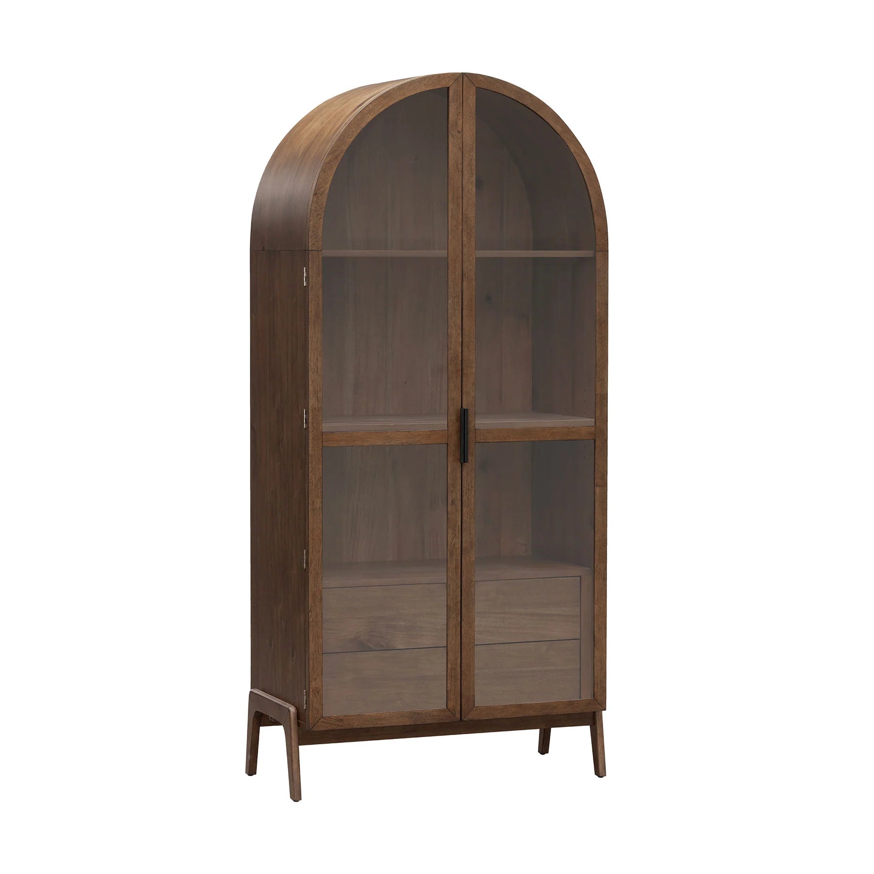Sterling arched display cabinet in acacia wood with tempered glass doors, adjustable shelves, and two drawers, living room