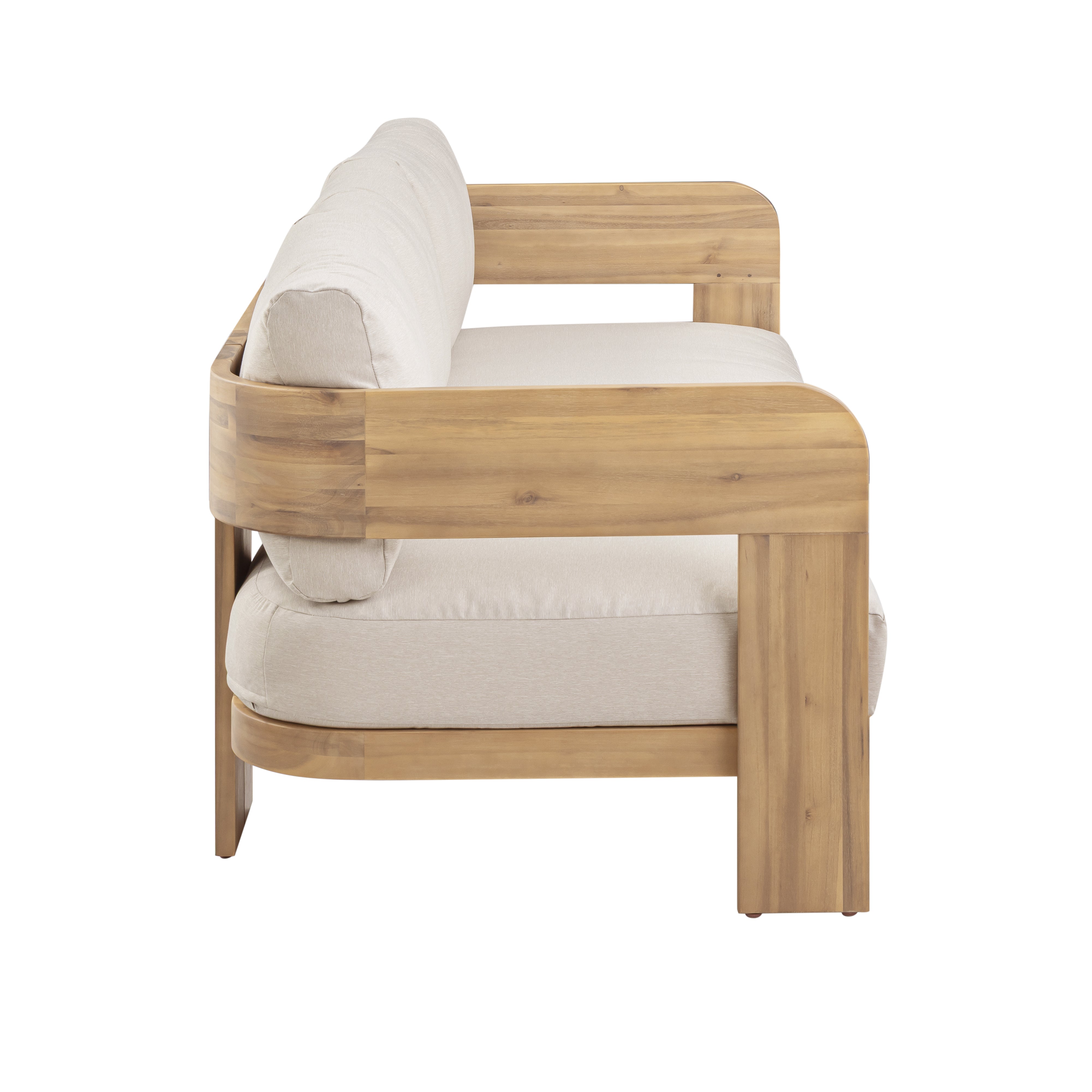 Fresno outdoor sofa with a natural wood frame and beige all-weather cushions, three-seat, patio