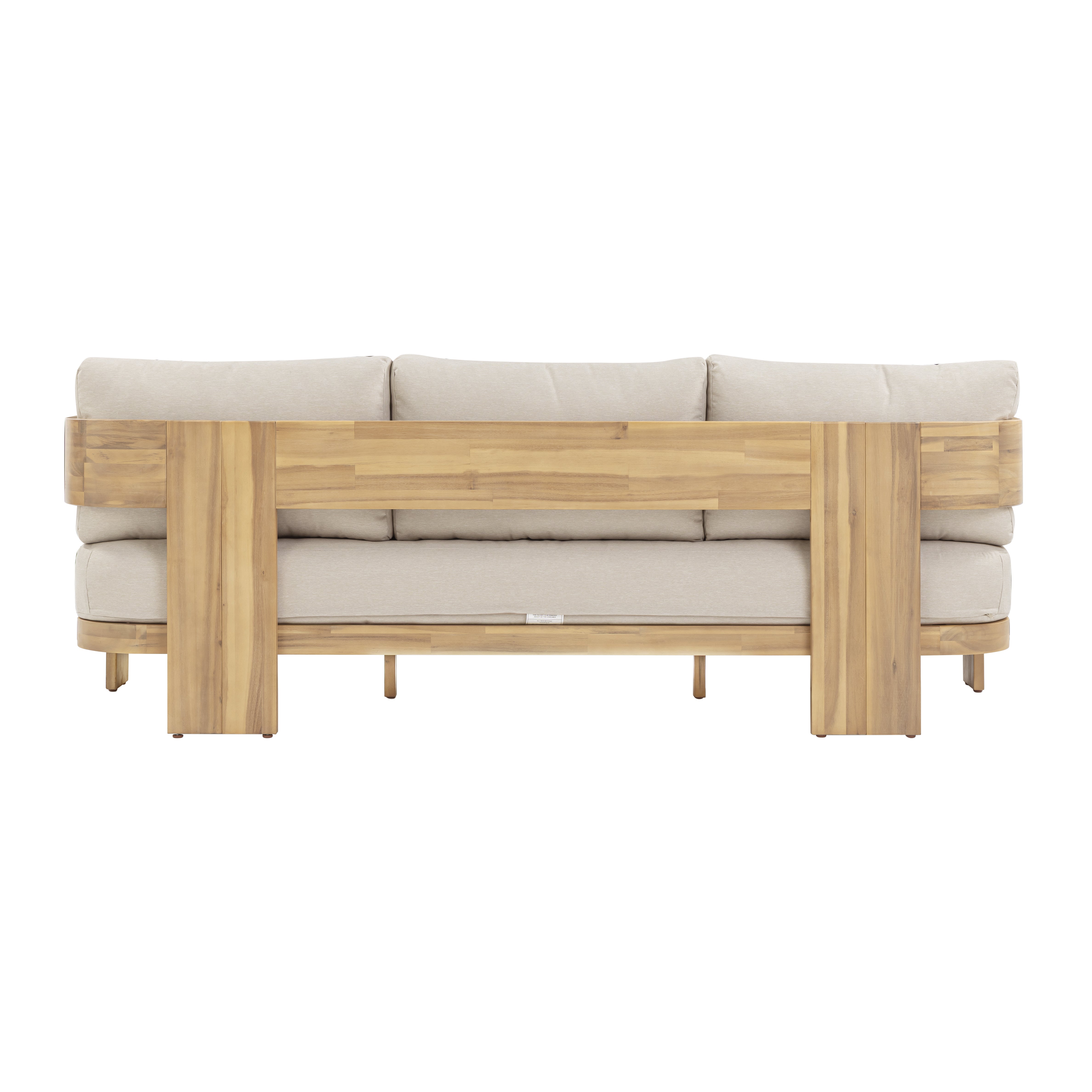 Fresno outdoor sofa with a natural wood frame and beige all-weather cushions, three-seat, patio