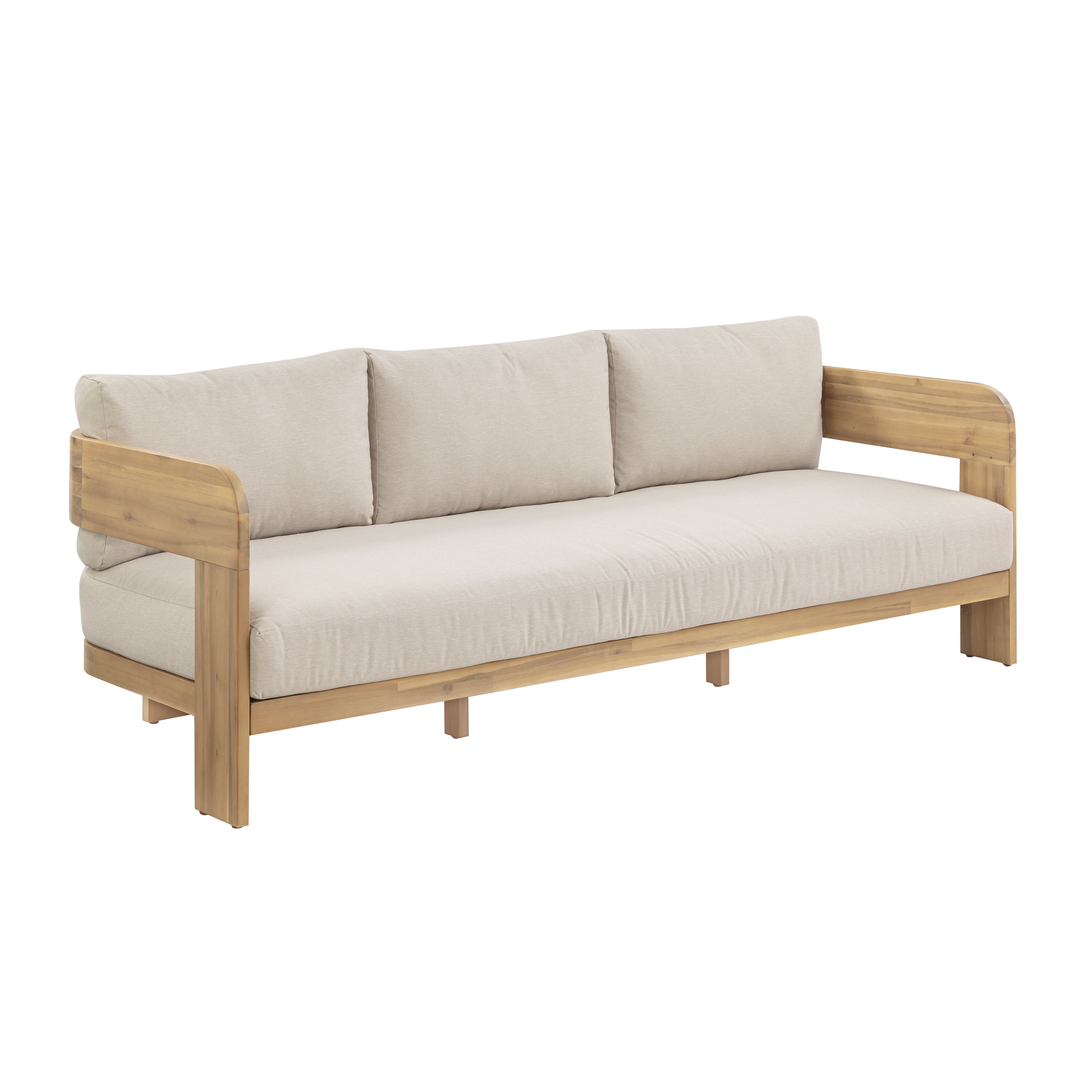 Fresno outdoor sofa with a natural wood frame and beige all-weather cushions, three-seat, patio