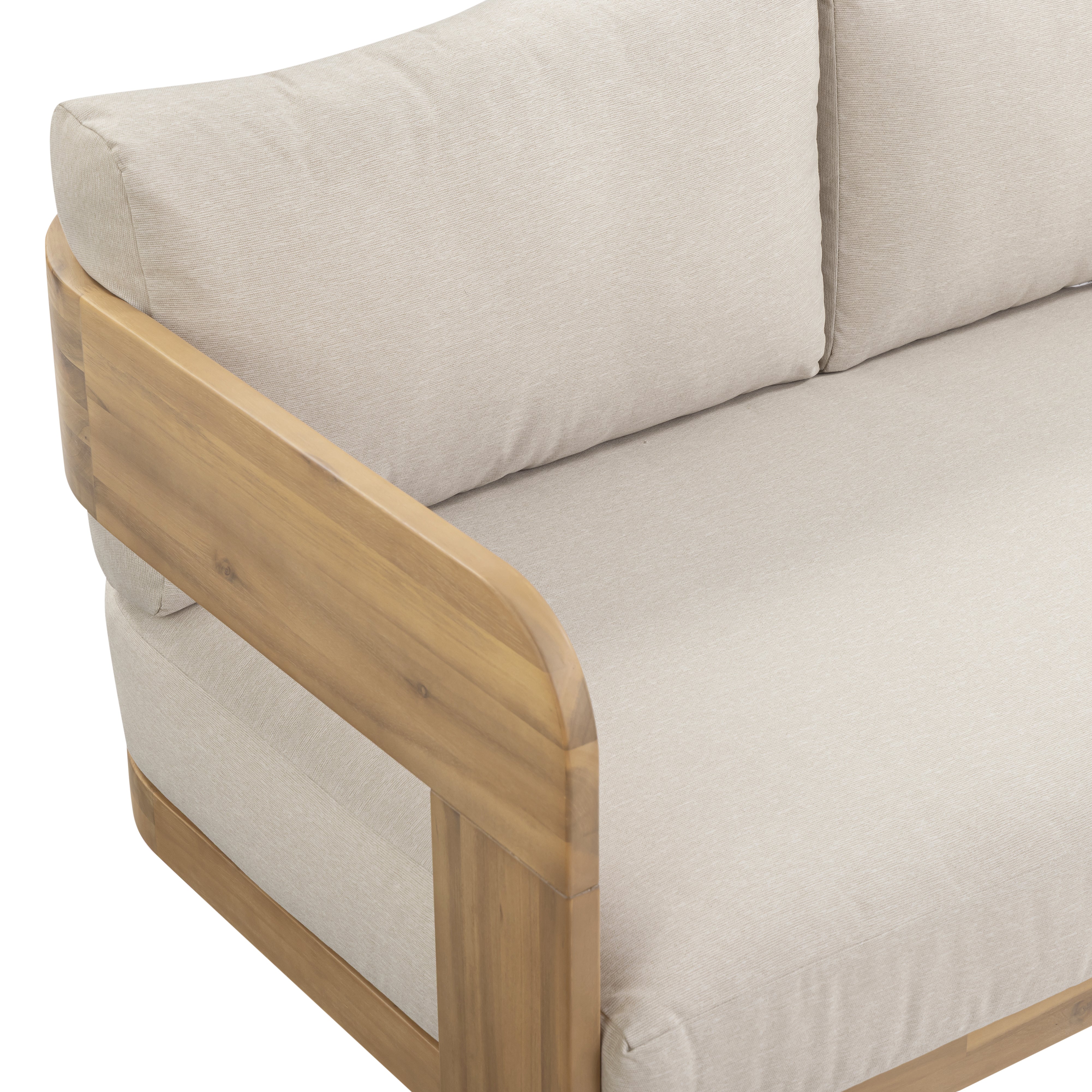 Fresno outdoor sofa with a natural wood frame and beige all-weather cushions, three-seat, patio