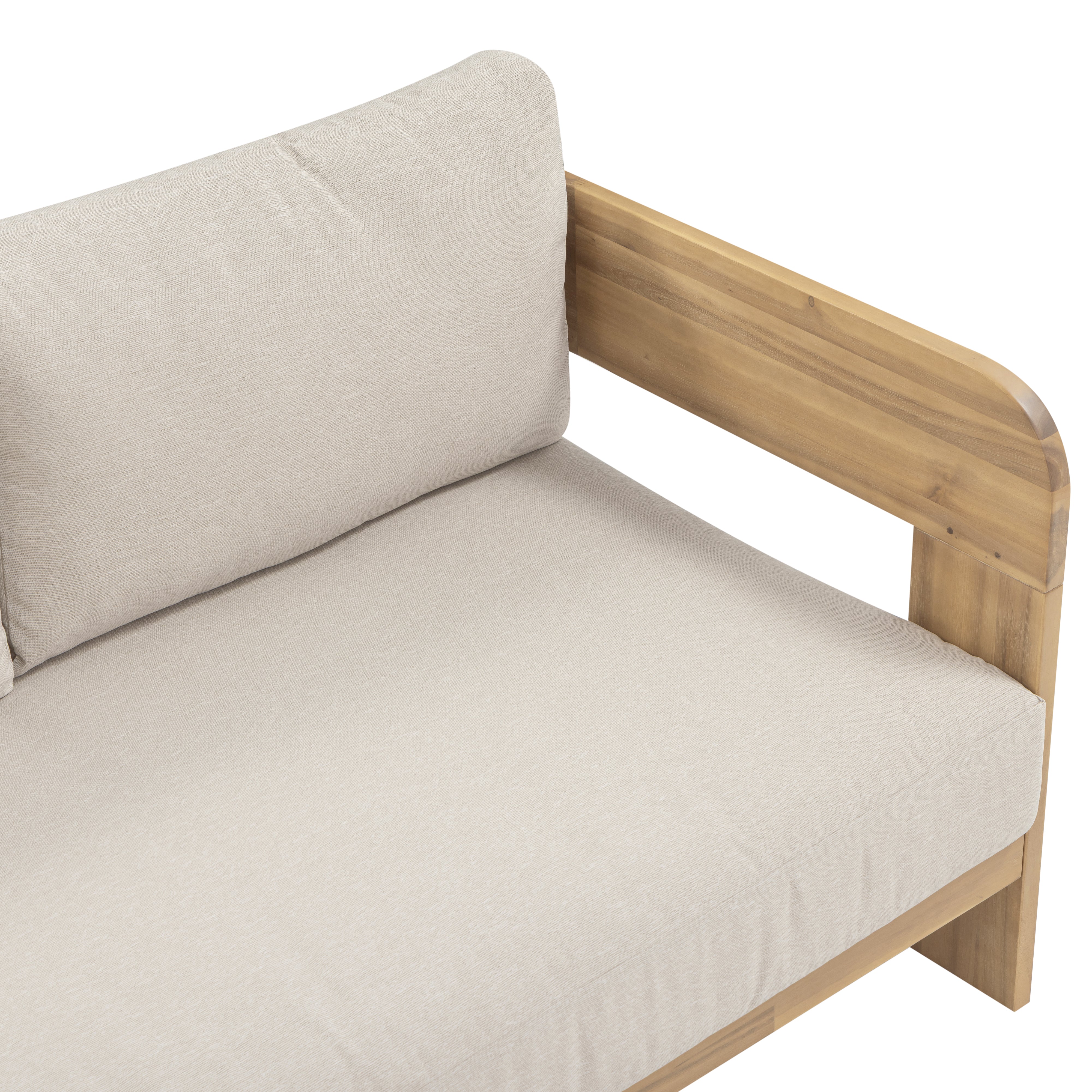 Fresno outdoor sofa with a natural wood frame and beige all-weather cushions, three-seat, patio