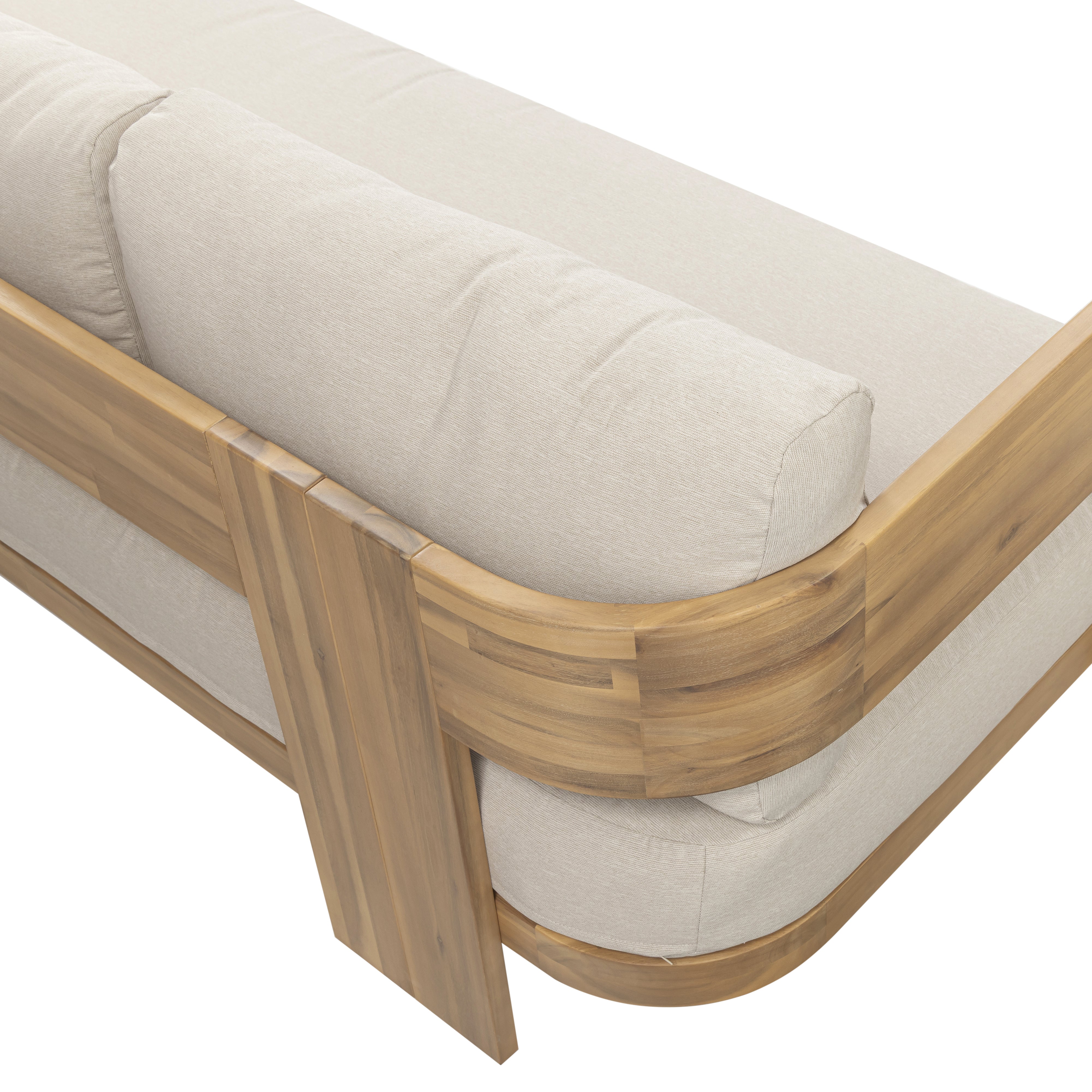 Fresno outdoor sofa with a natural wood frame and beige all-weather cushions, three-seat, patio