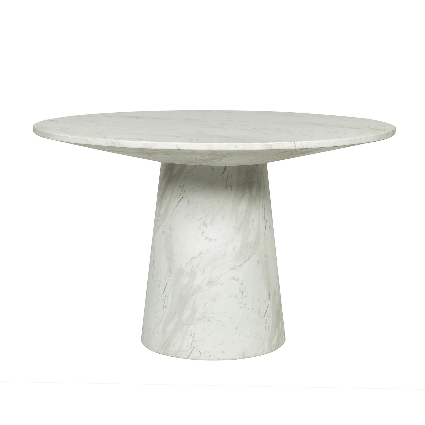 Pasadena indoor outdoor dining table, round white faux-marble top on a cone pedestal base, dining room or patio