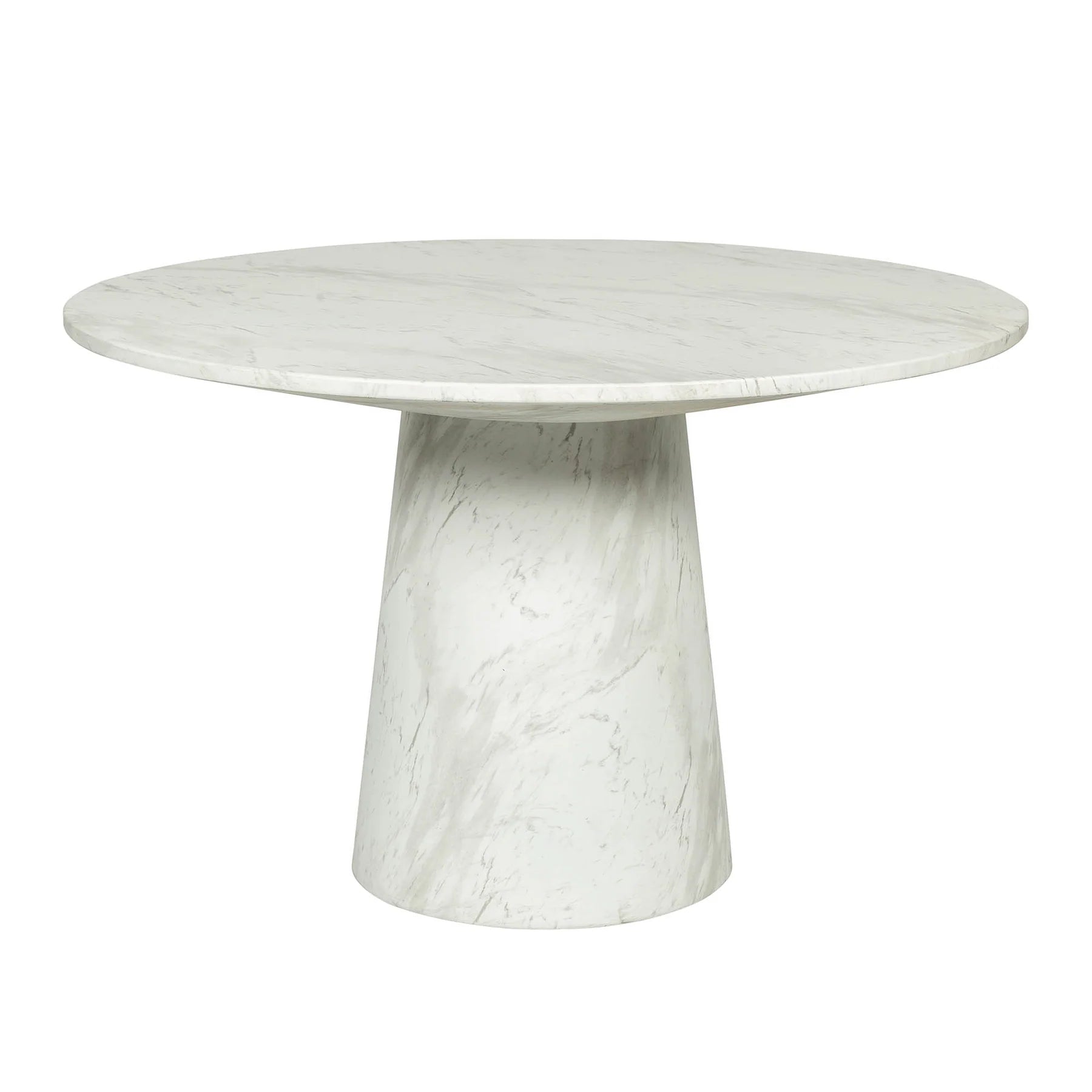 Pasadena indoor outdoor dining table, round white faux-marble top on a cone pedestal base, dining room or patio