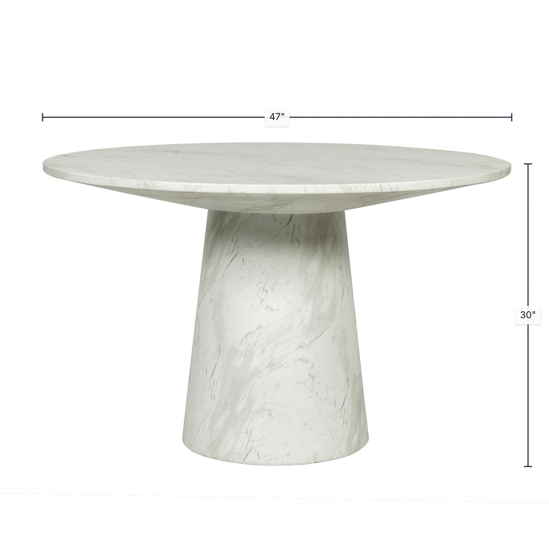 Pasadena indoor outdoor dining table, round white faux-marble top on a cone pedestal base, dining room or patio