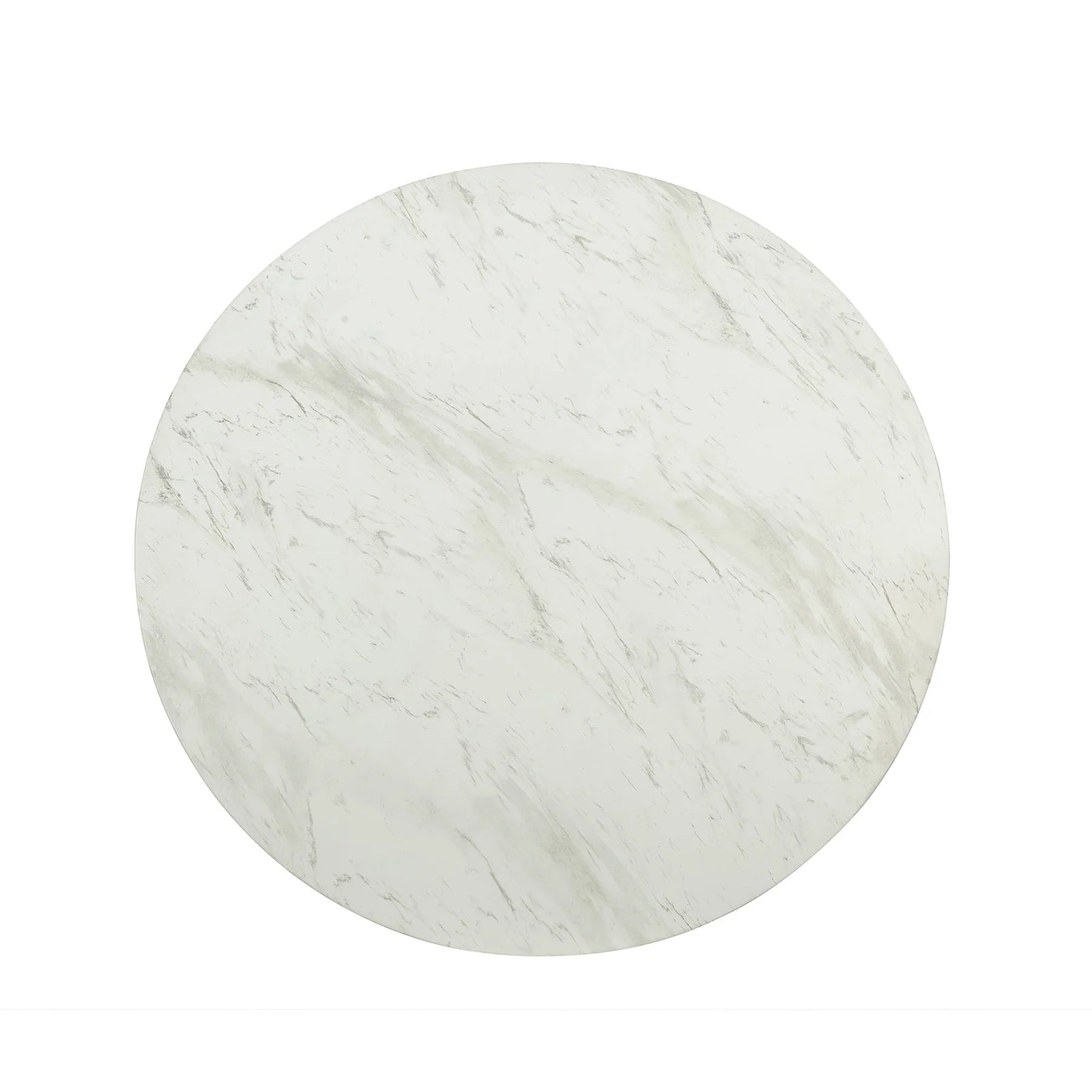 Pasadena indoor outdoor dining table, round white faux-marble top on a cone pedestal base, dining room or patio