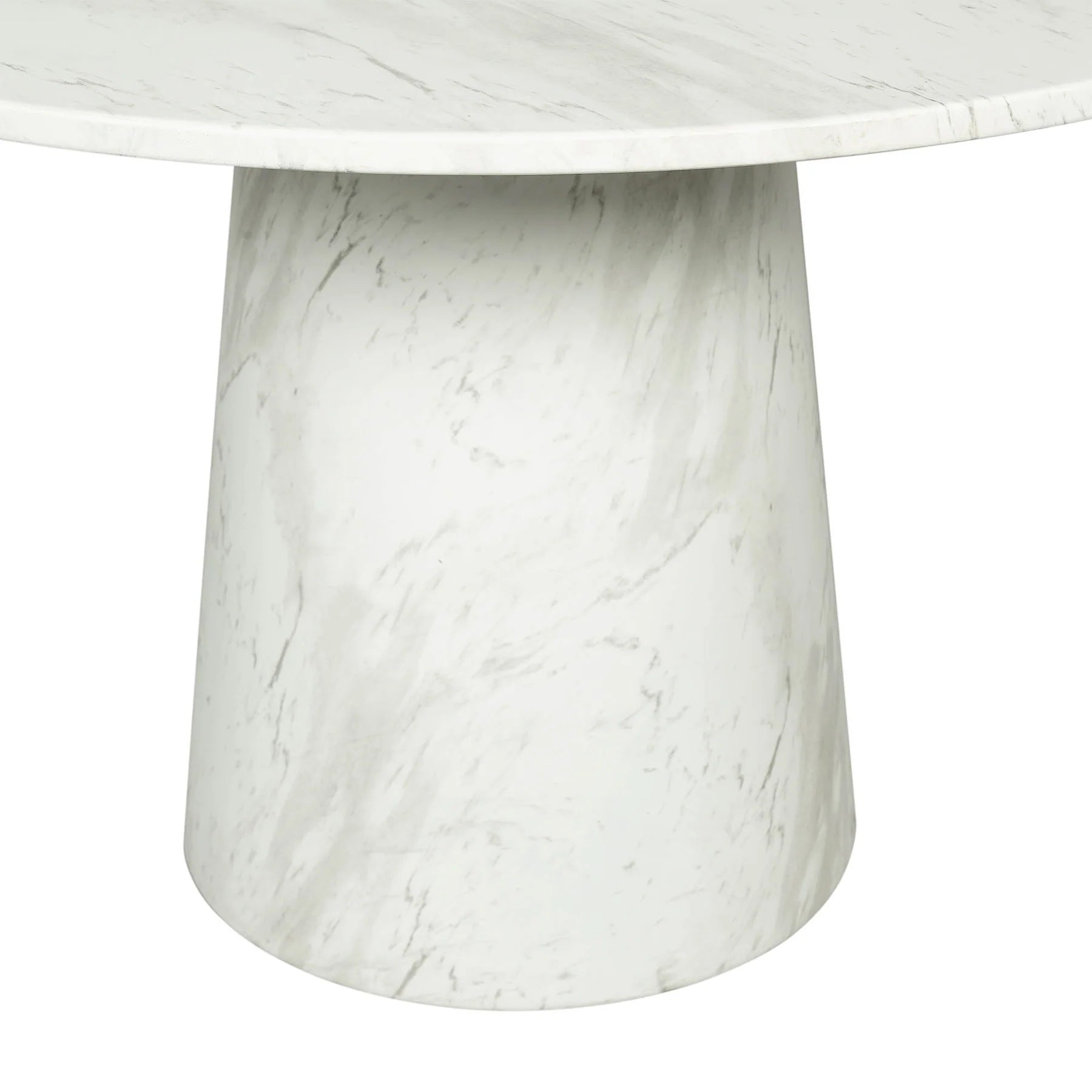 Pasadena indoor outdoor dining table, round white faux-marble top on a cone pedestal base, dining room or patio