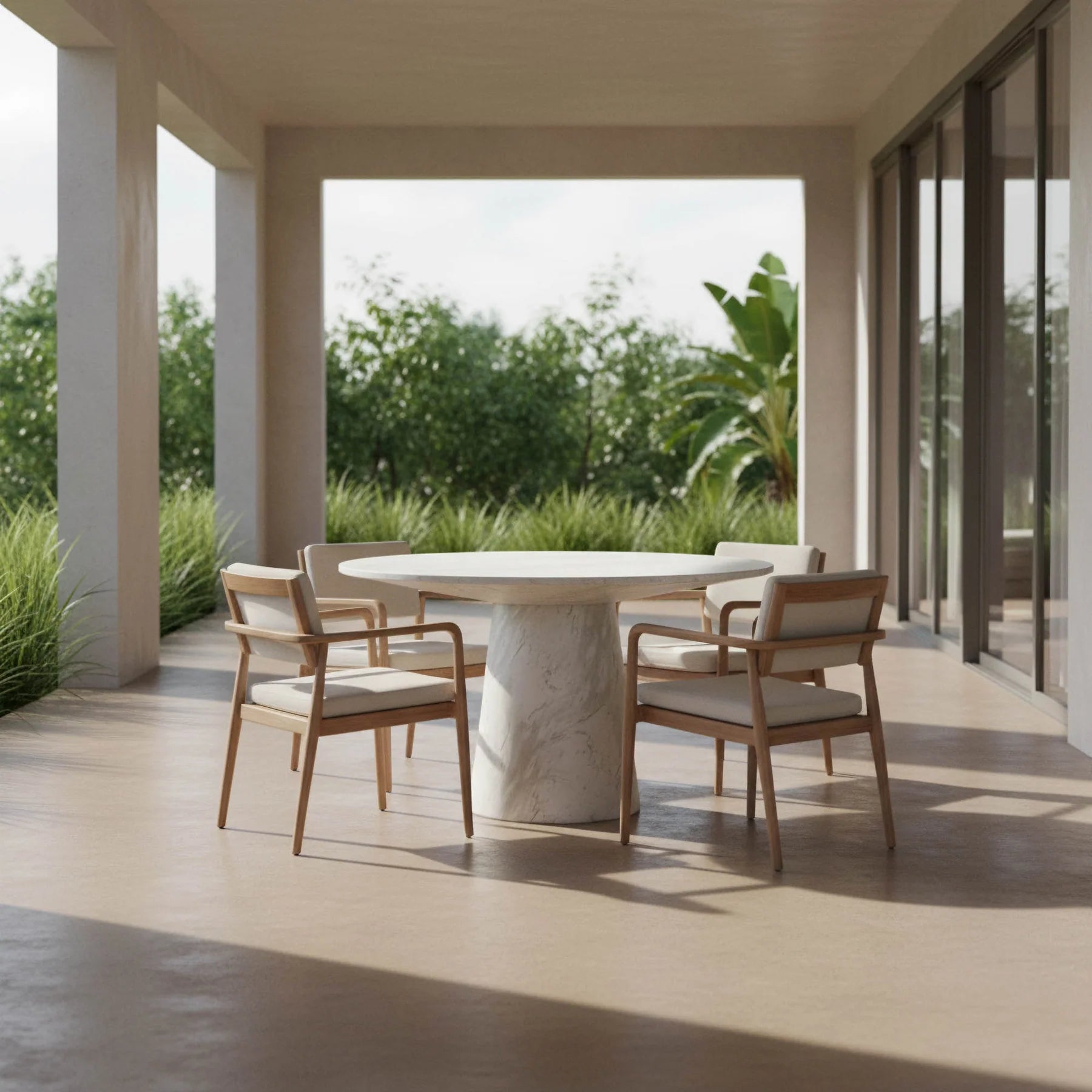Pasadena indoor outdoor dining table, round white faux-marble top on a cone pedestal base, dining room or patio