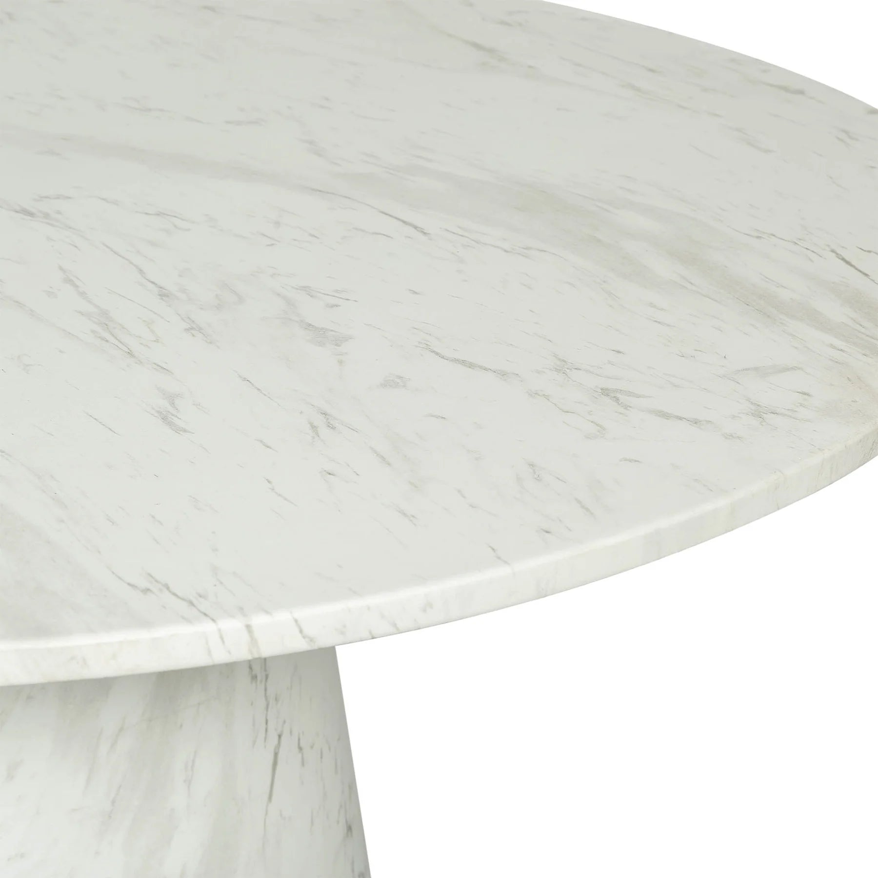 Pasadena indoor outdoor dining table, round white faux-marble top on a cone pedestal base, dining room or patio
