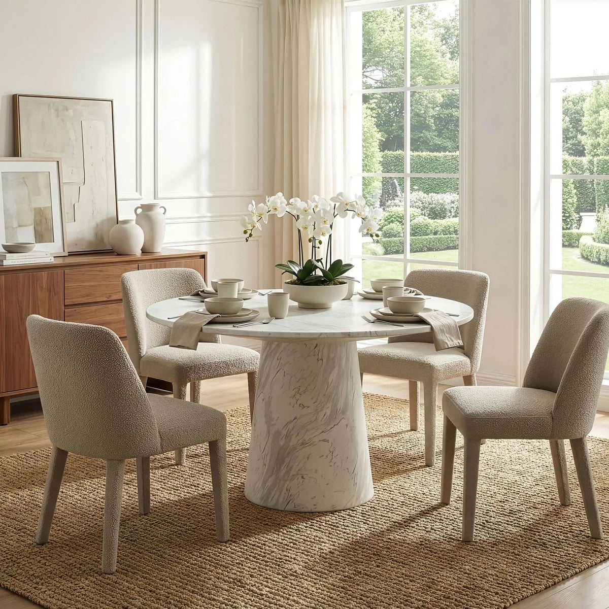 Pasadena indoor outdoor dining table, round white faux-marble top on a cone pedestal base, dining room or patio