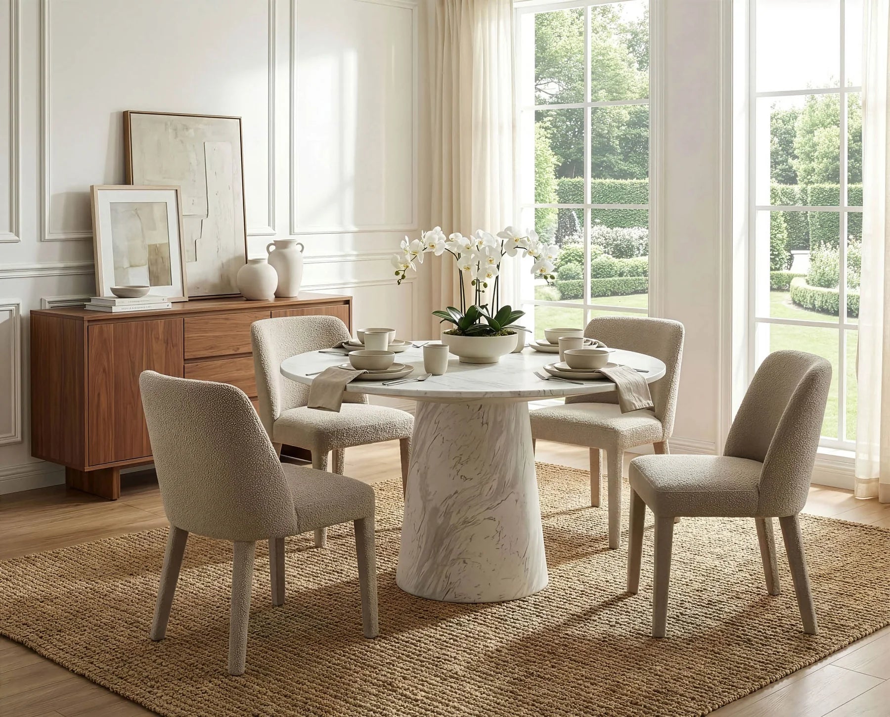 Pasadena indoor outdoor dining table, round white faux-marble top on a cone pedestal base, dining room or patio