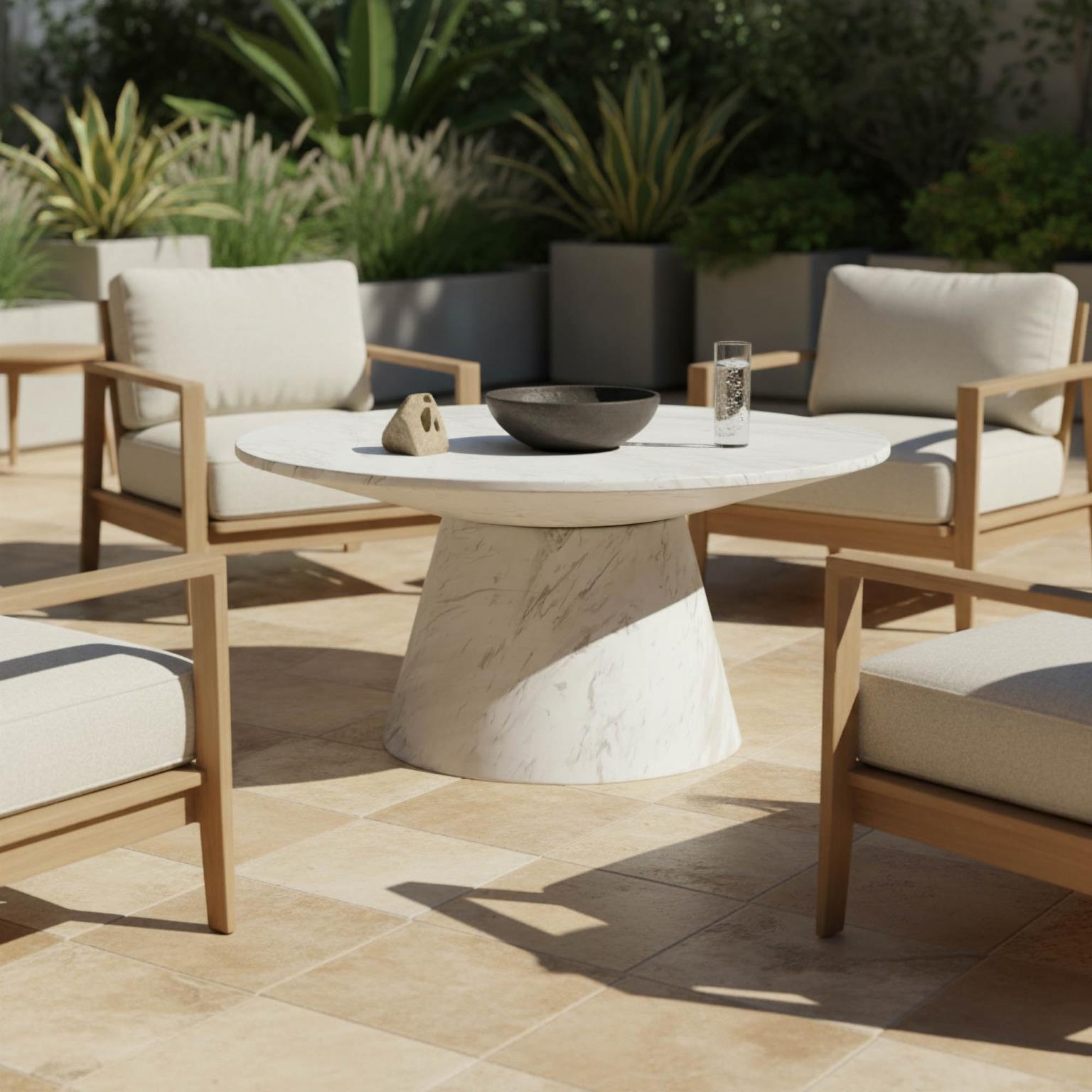 Pasadena Indoor/Outdoor Coffee Table showing its rounded disc top and tapered pedestal base in white marble-look concrete