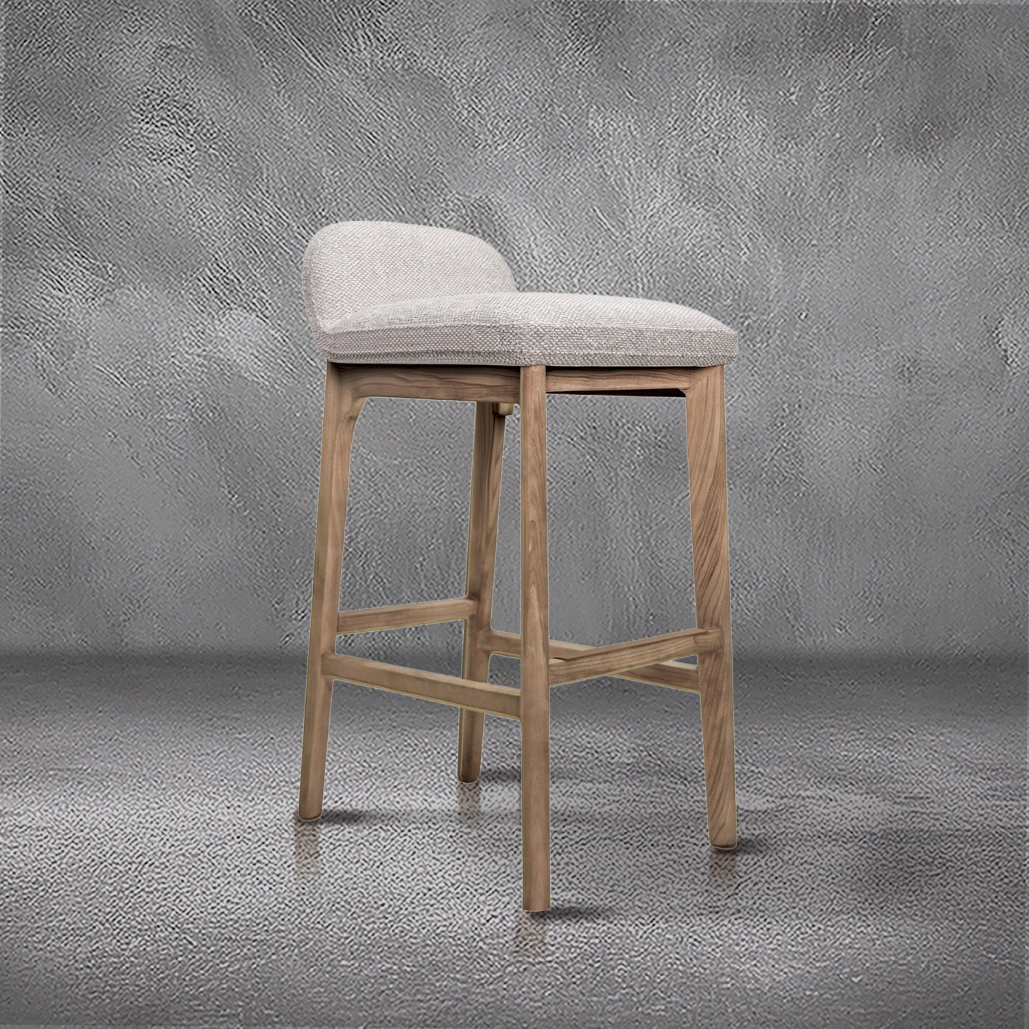 Asher barstool in beige performance fabric with a low back and natural wood legs with stretchers, kitchen bar