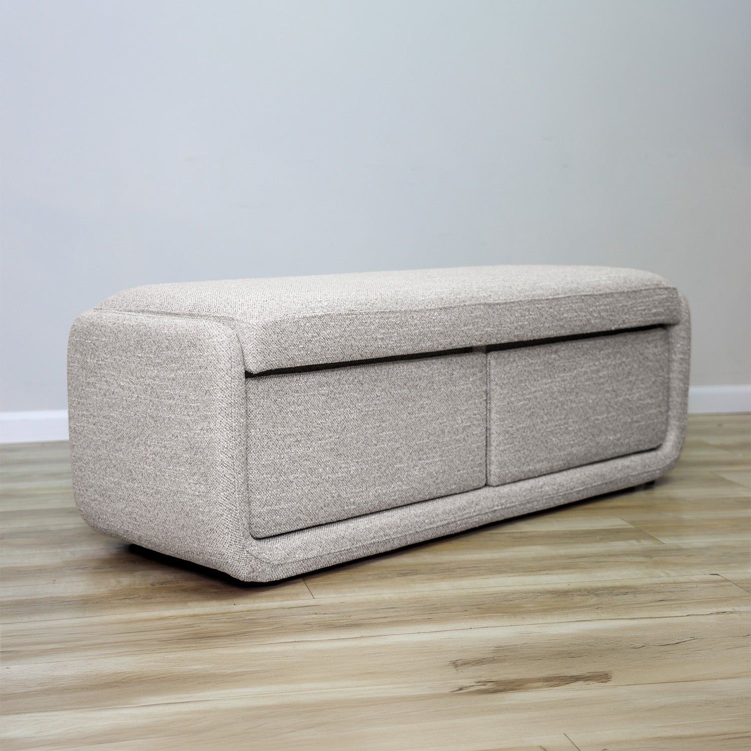 Bree storage bench in greige performance fabric with two pull-out drawers and a cushioned top, living room