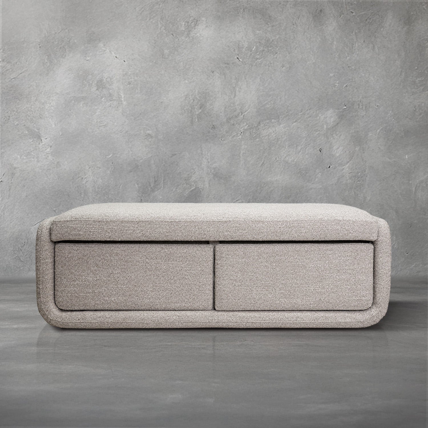 Bree storage bench in greige performance fabric with two pull-out drawers and a cushioned top, living room