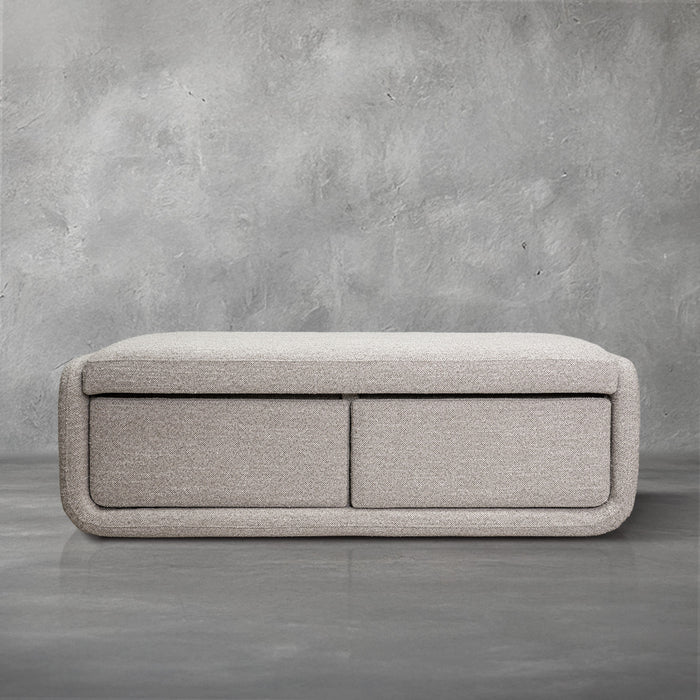 Bree storage bench in greige performance fabric with two pull-out drawers and a cushioned top, living room