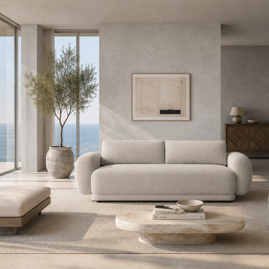 Modern living room with a beige sofa, round coffee table, and large windows with a view of the ocean.