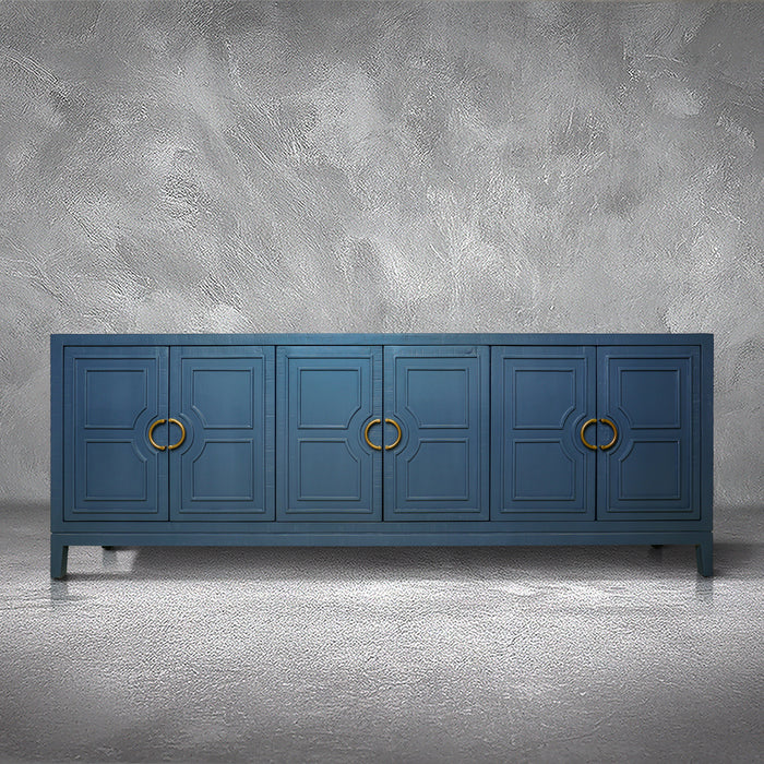 David 90-inch blue credenza in solid Mexican pine with six geometric panel doors and gold ring pulls, living room